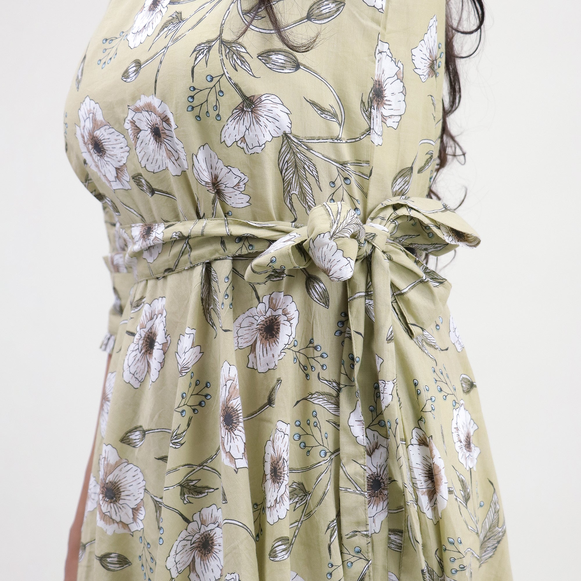 Green Floral Hand Printed Cotton Casual Midi Dress - Image 4