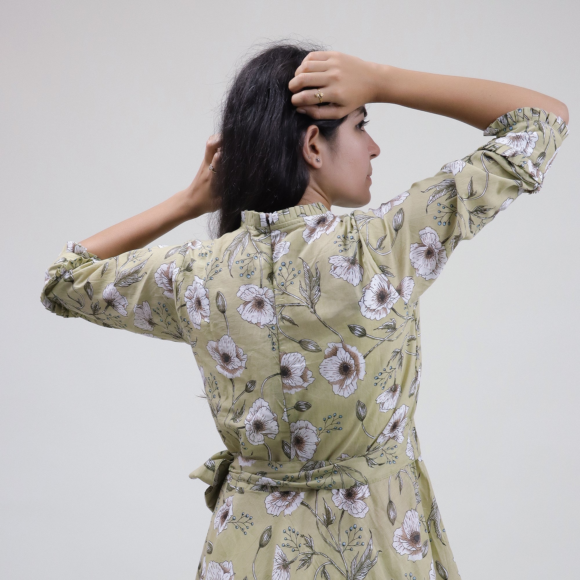 Green Floral Hand Printed Cotton Casual Midi Dress - Image 5
