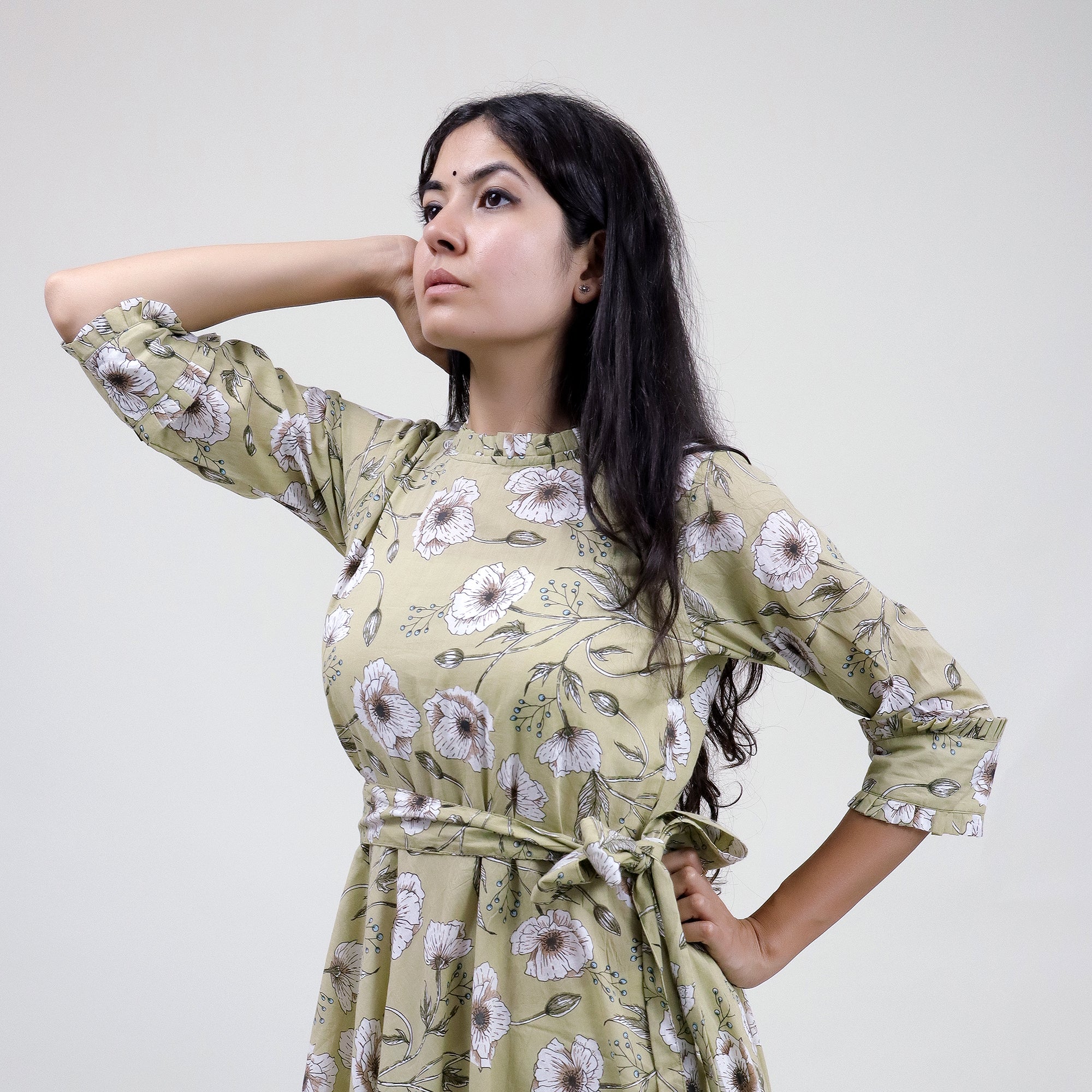 Green Floral Hand Printed Cotton Casual Midi Dress - Image 6