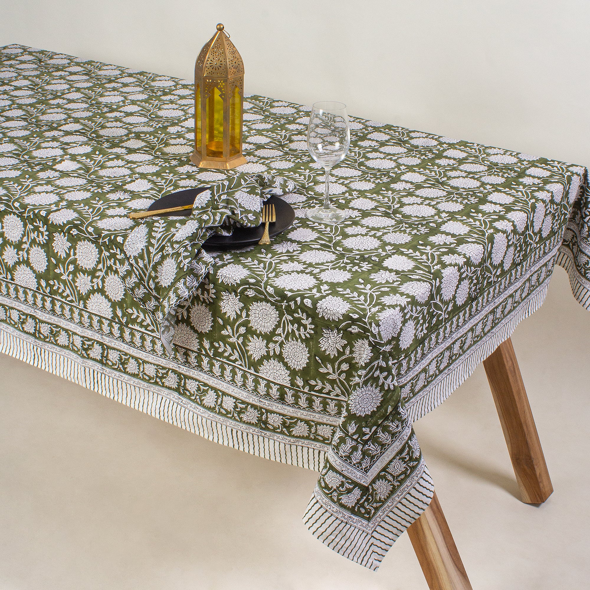 Handmade Floral Block Printed Cotton Table Cover Cloth - Image 3