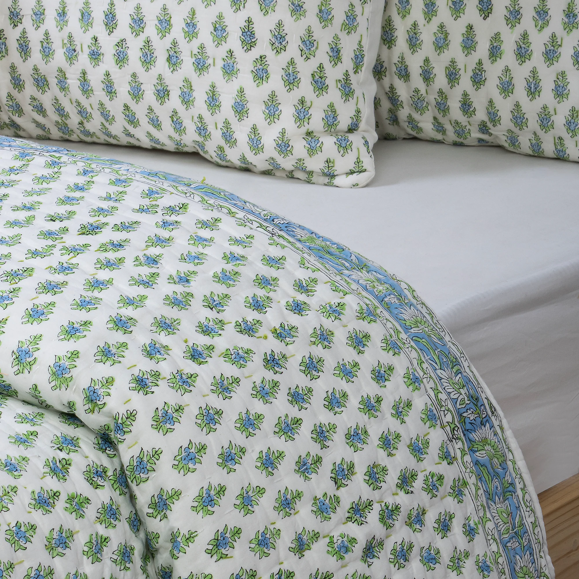 Modern Floral Hand Block Printed Indian Cotton Kantha Quilts - Image 2
