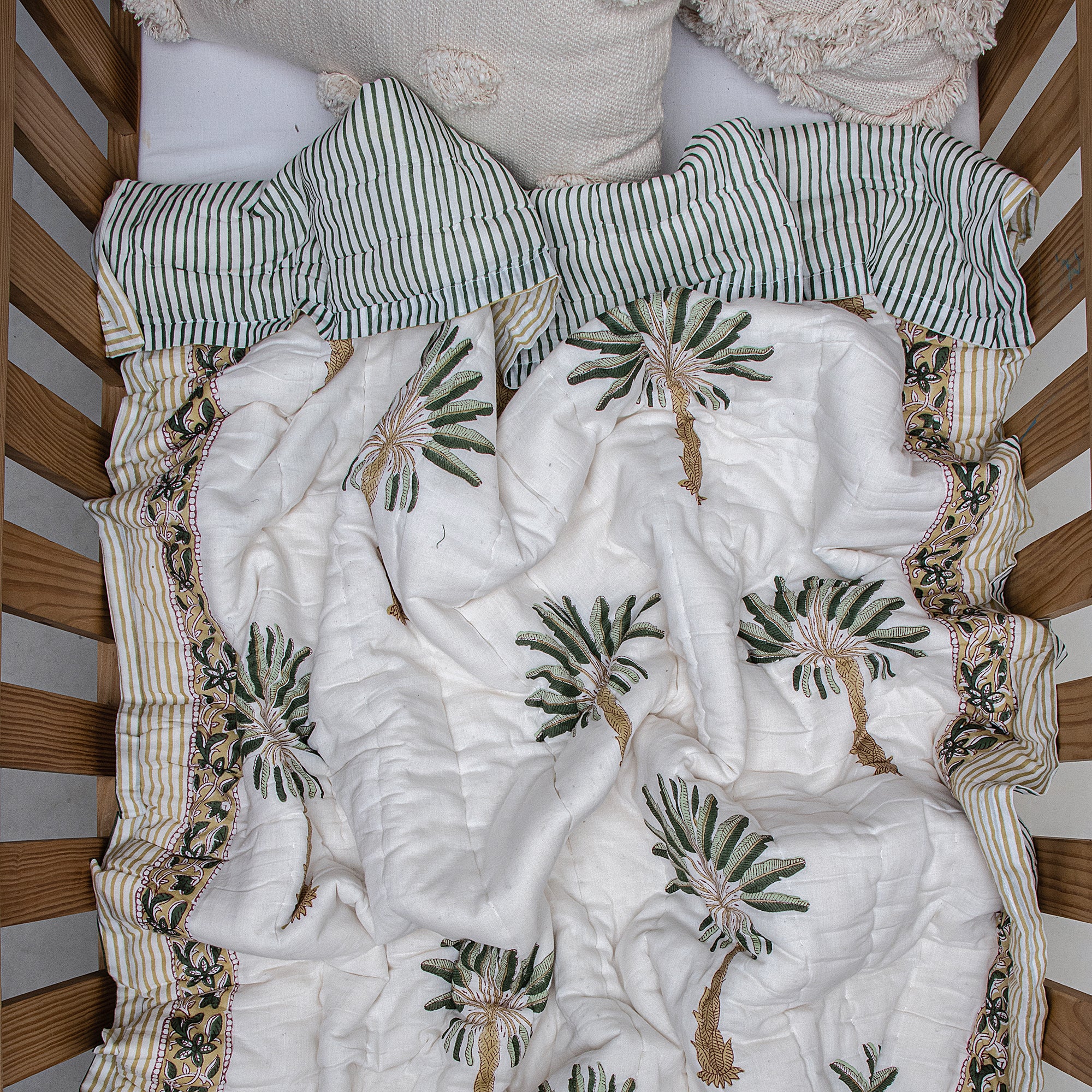 Reversible Green Palm Print Machine Stitched Pure Cotton Hand Block printed Baby Quilt - Image 3