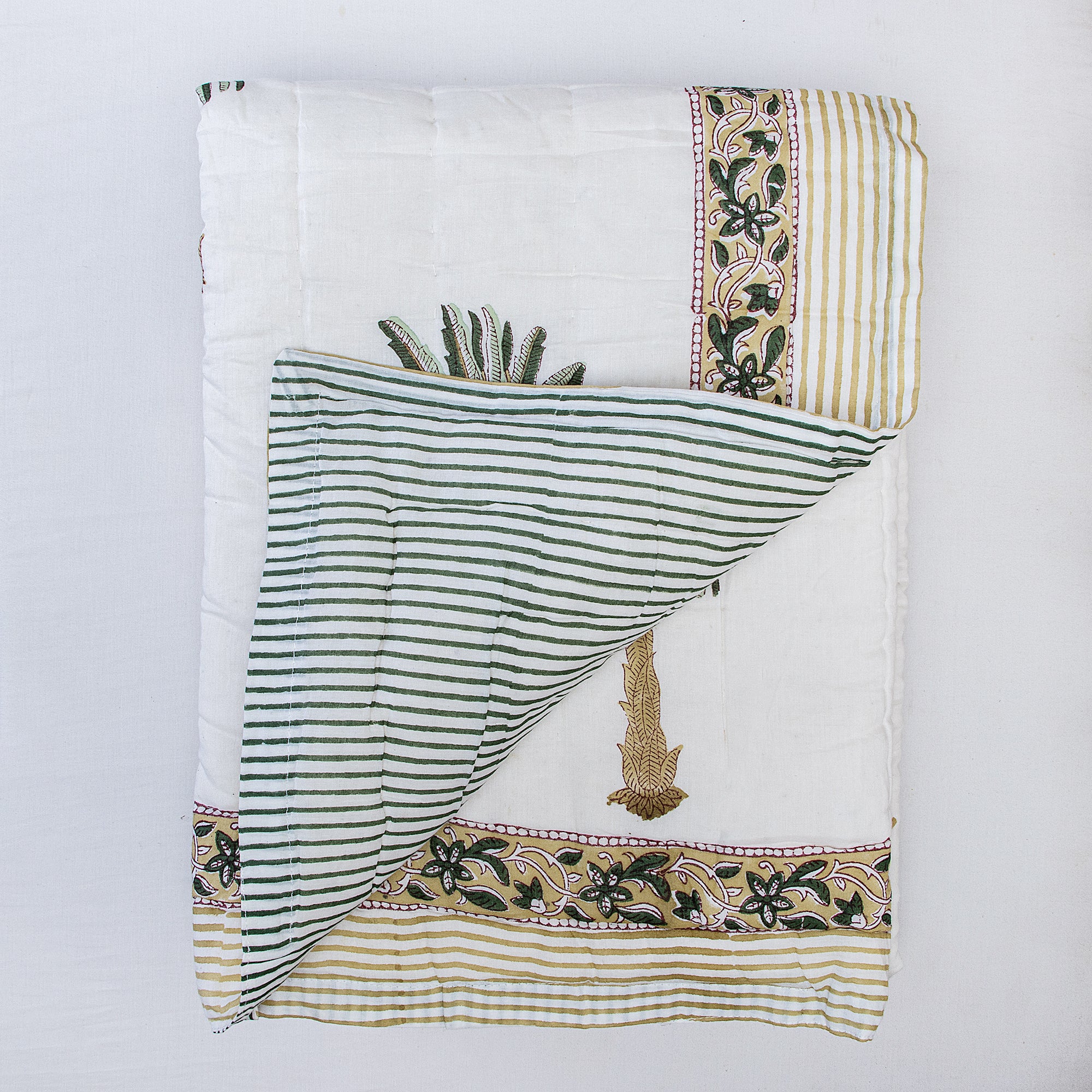 Reversible Green Palm Print Machine Stitched Pure Cotton Hand Block printed Baby Quilt - Image 4