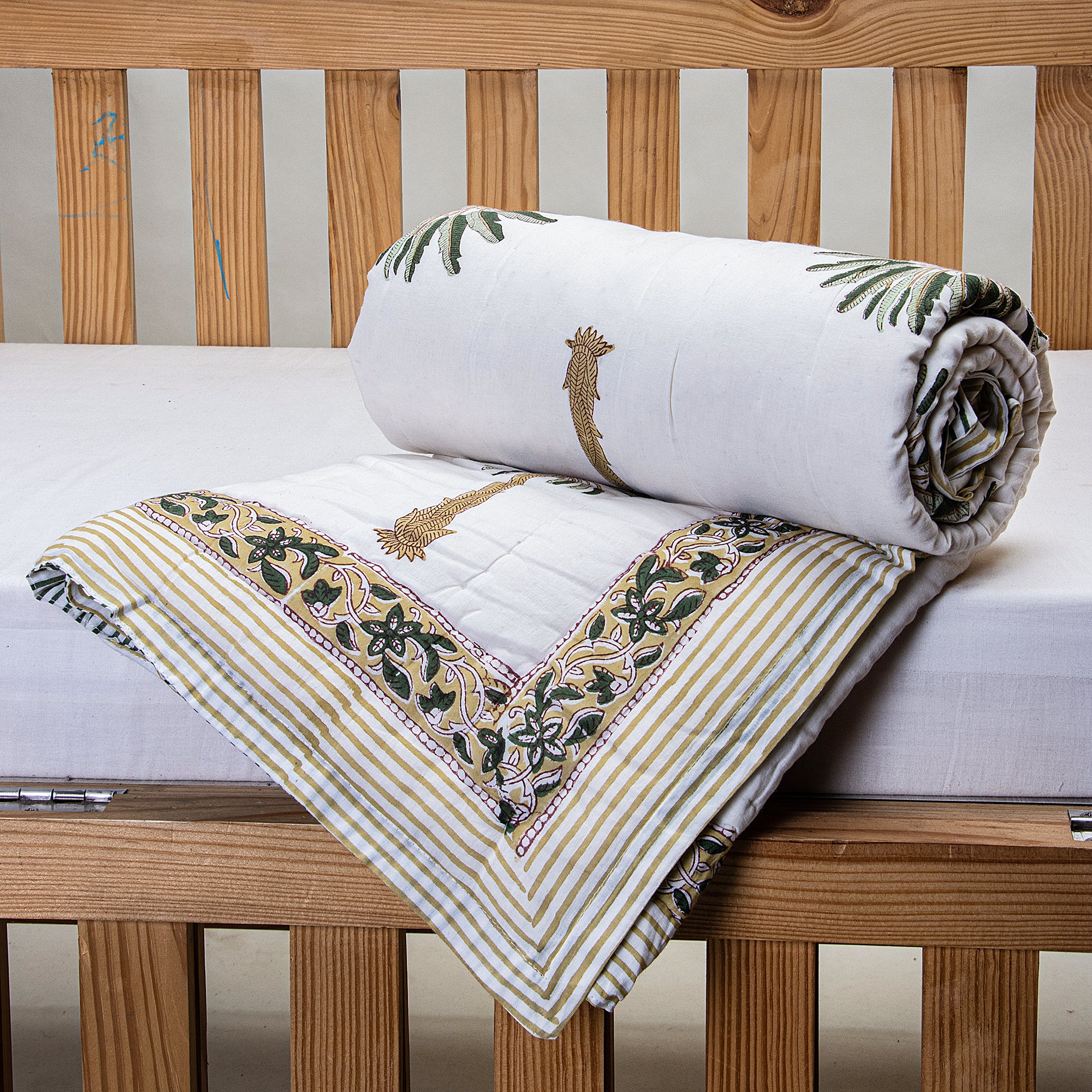 Reversible Green Palm Print Machine Stitched Pure Cotton Hand Block printed Baby Quilt - Image 5
