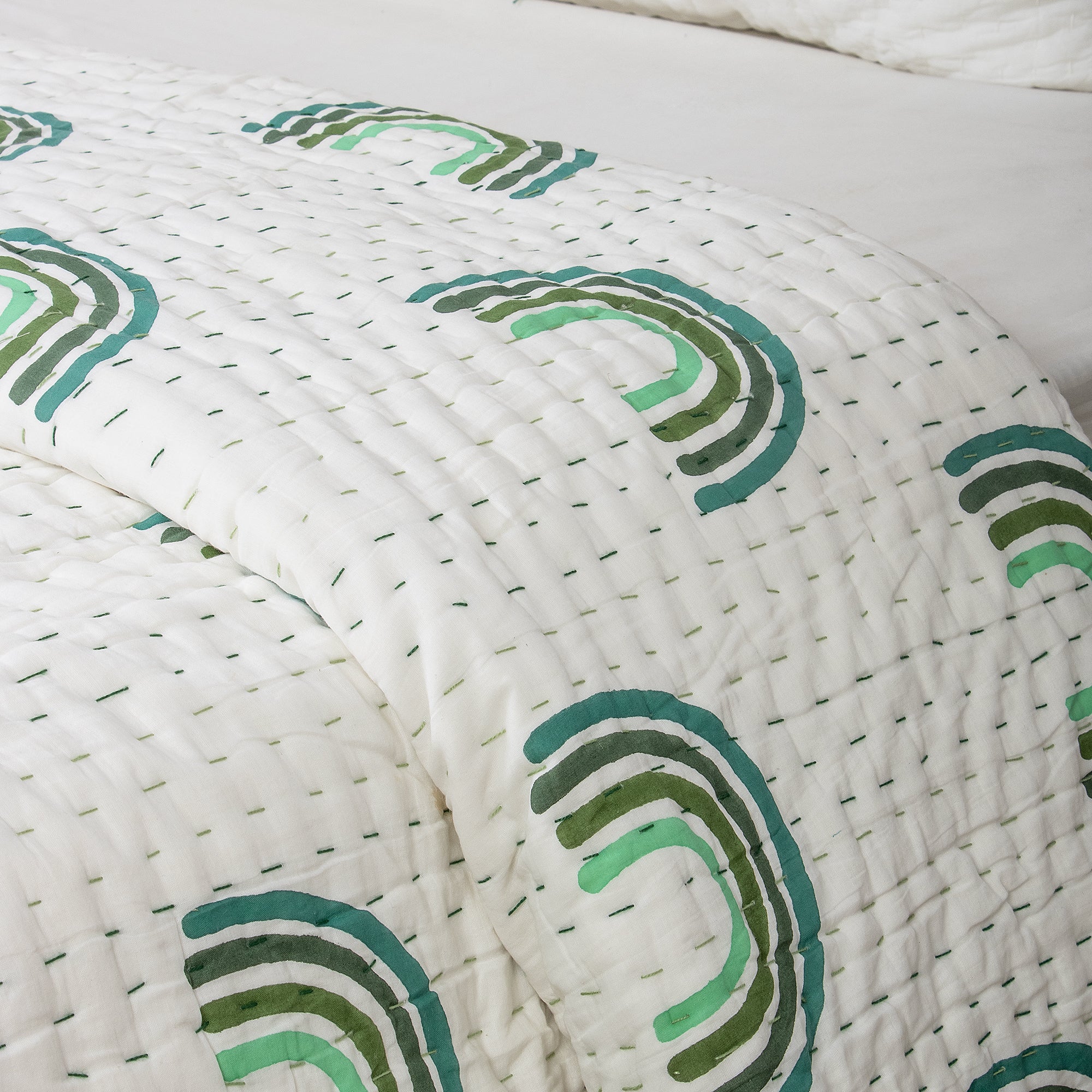 Green Rainbow Hand Block Print Cotton Kantha Quilt Blanket - Image 3