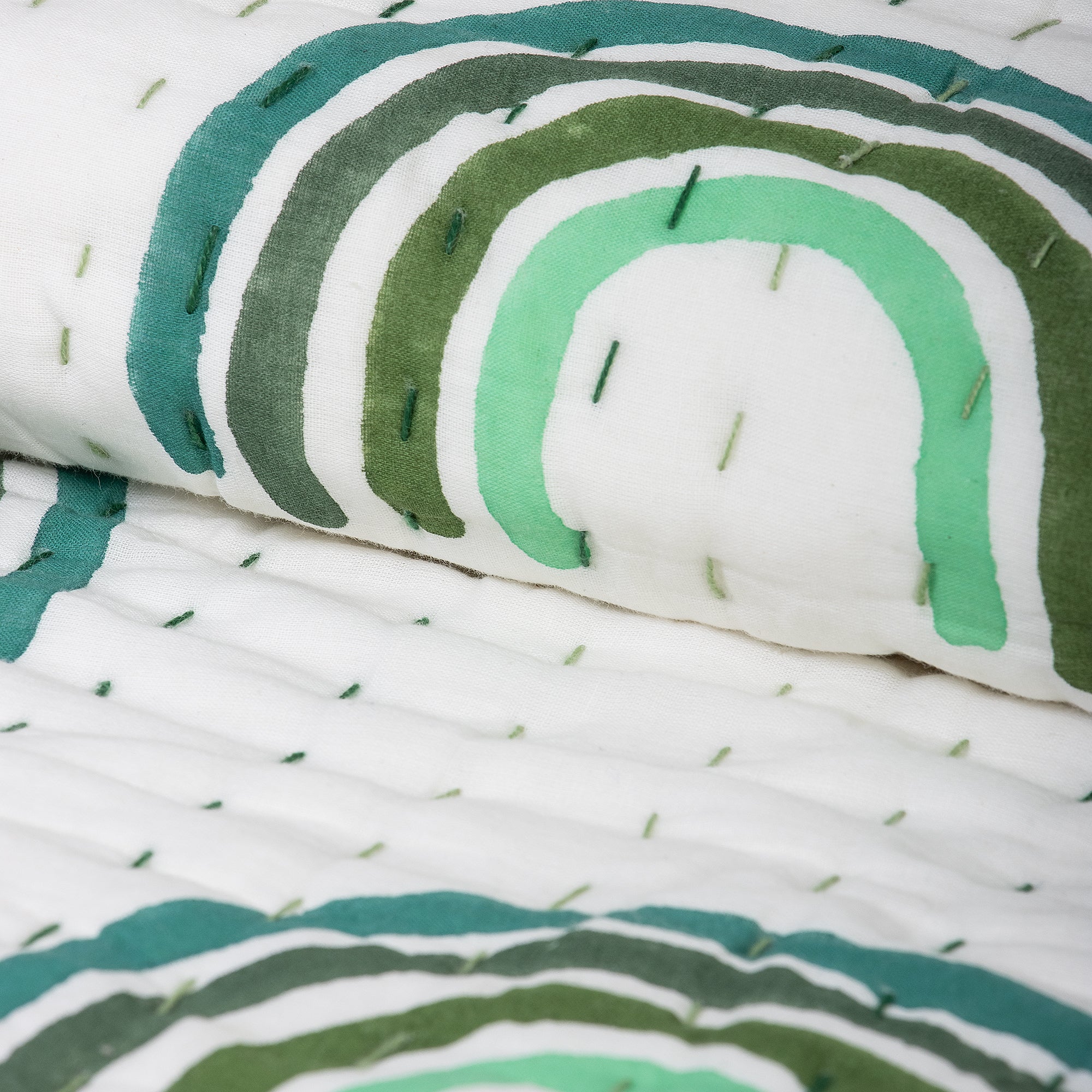 Green Rainbow Hand Block Print Cotton Kantha Quilt Blanket - Image 4