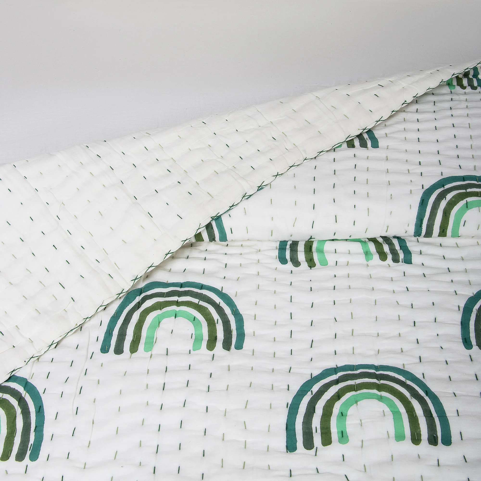 Green Rainbow Hand Block Print Cotton Kantha Quilt Blanket - Image 5
