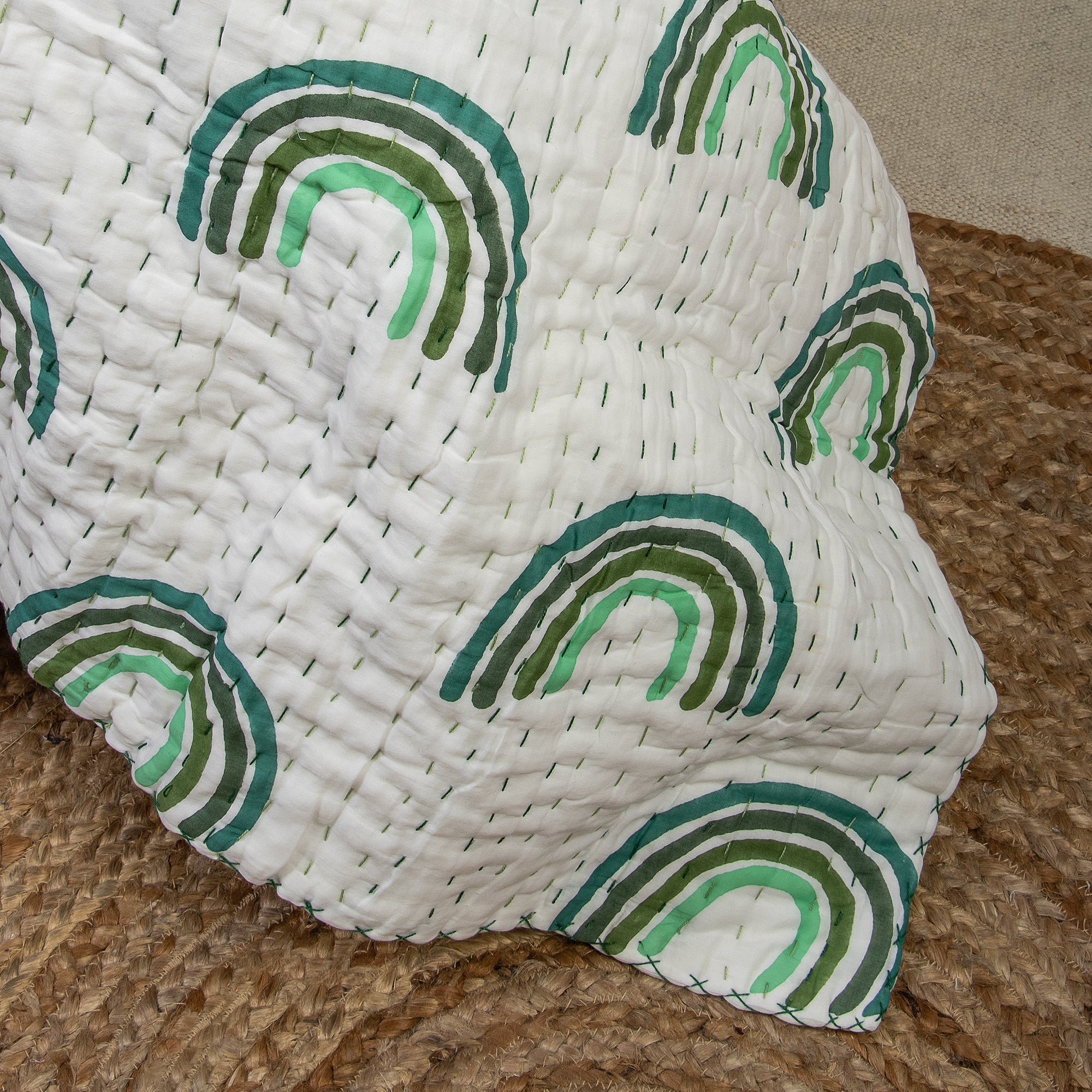 Green Rainbow Hand Block Print Cotton Kantha Quilt Blanket - Image 6