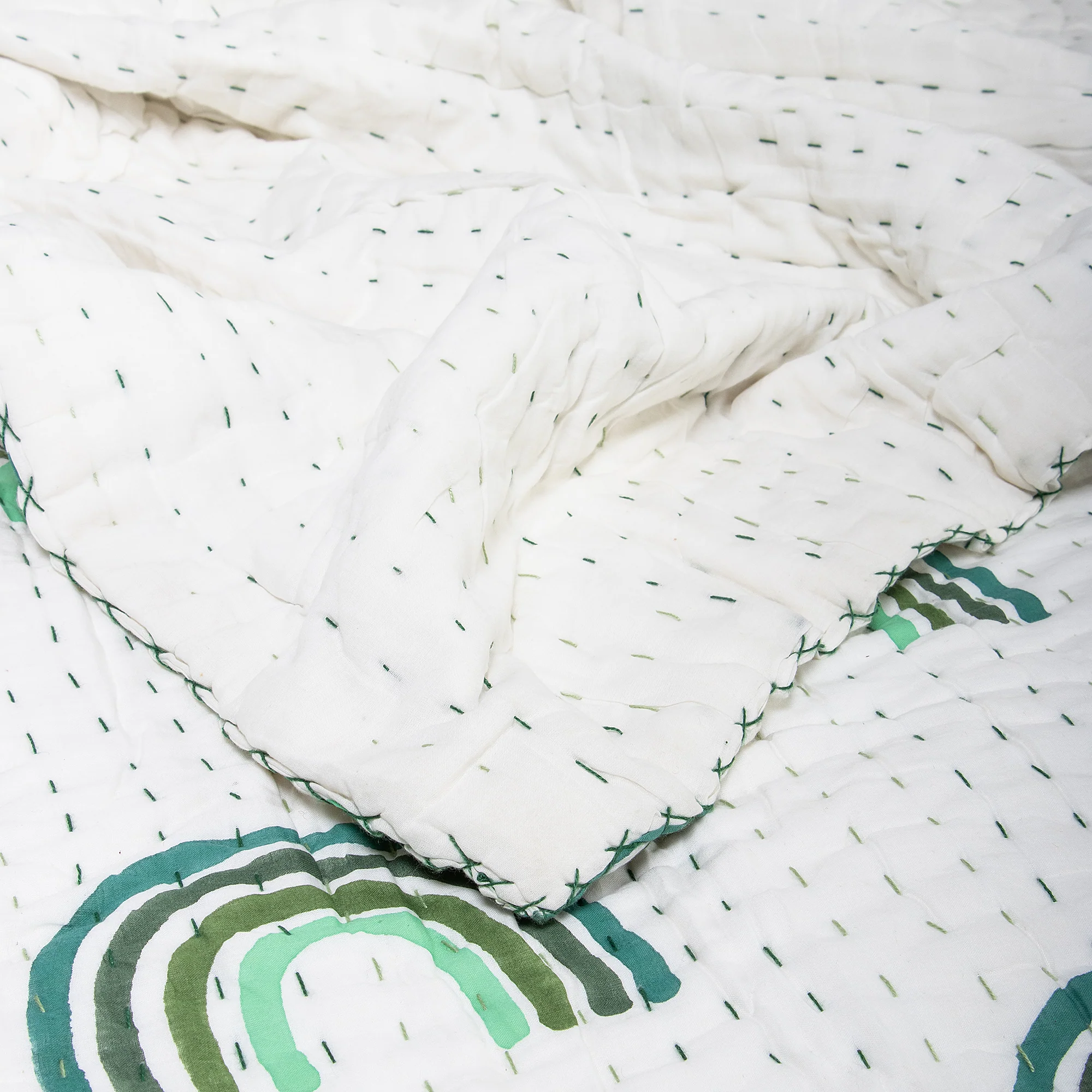 Green Rainbow Hand Block Print Cotton Kantha Quilt Blanket - Image 7