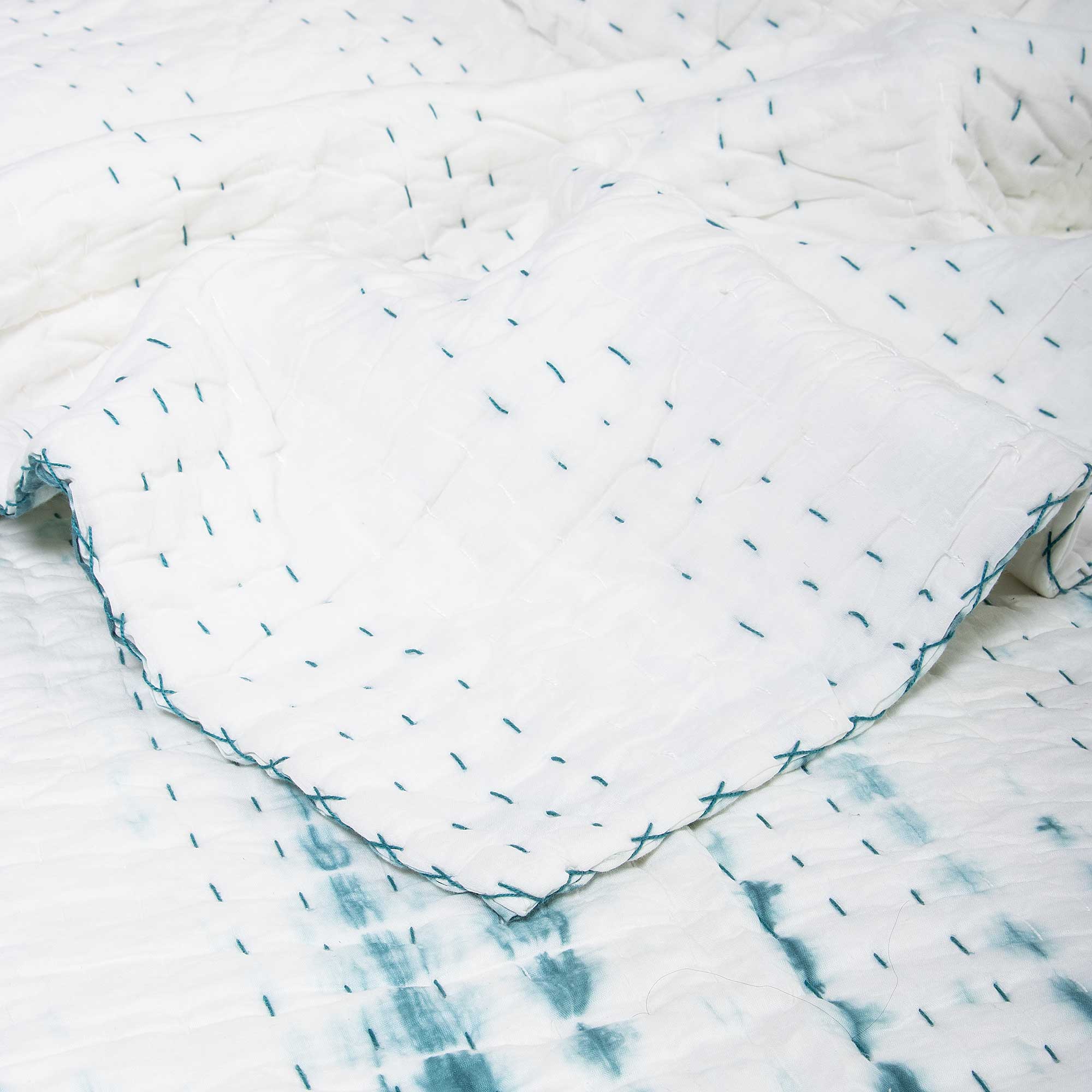 Green Vegetable Dyed Hand Cotton Kantha Quilts - Image 4