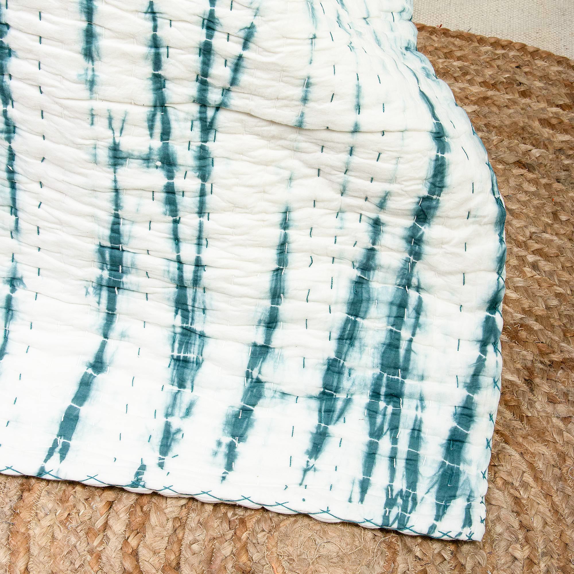 Green Vegetable Dyed Hand Cotton Kantha Quilts - Image 5