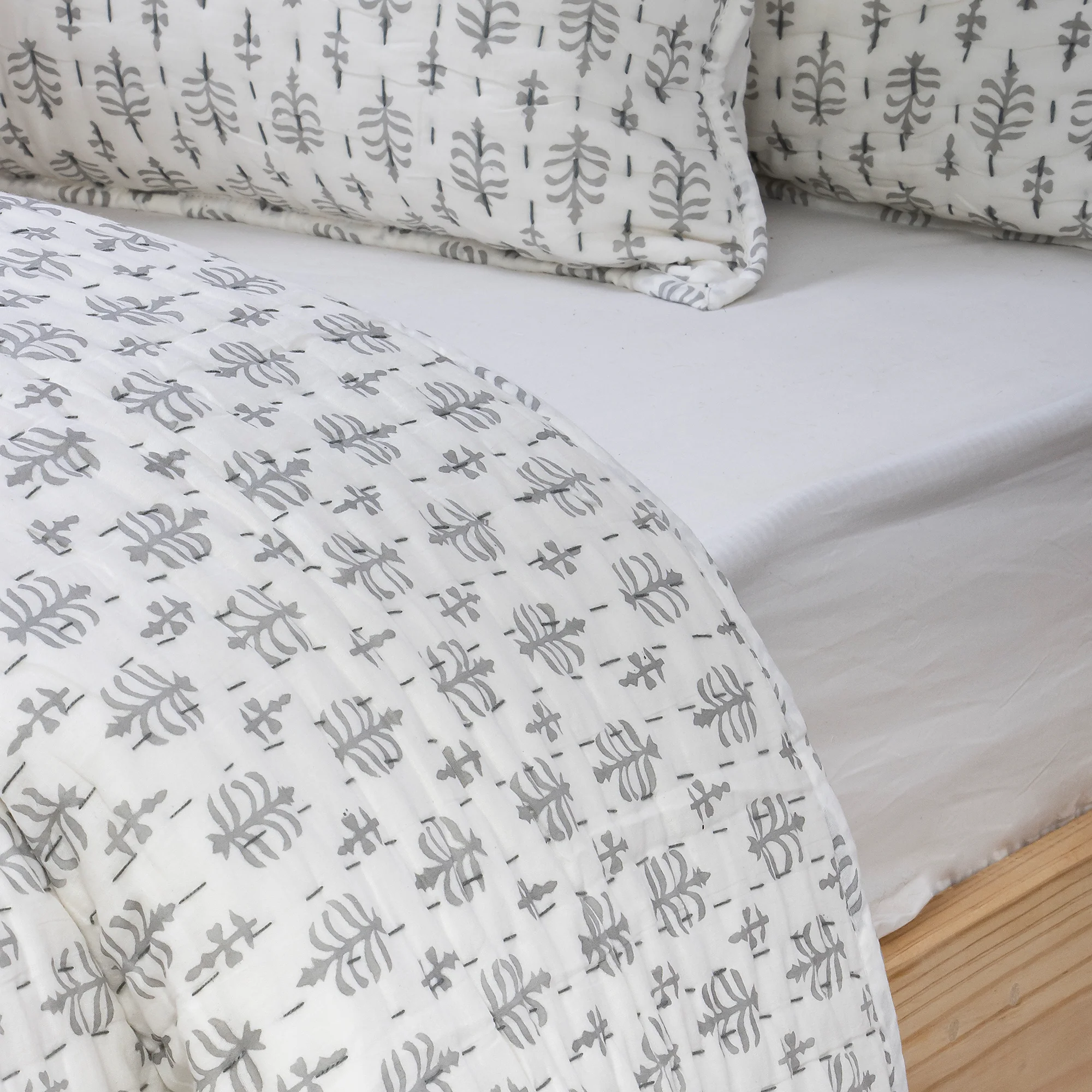 Bohemian Block Printed Gray Buti Indian Handmade Kantha Quilts - Image 2