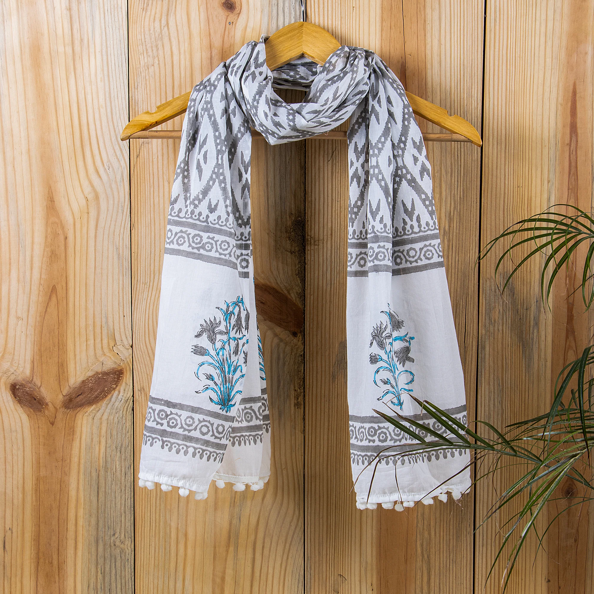 Indian Women's Floral Handmade Block Printed Cotton Dupatta