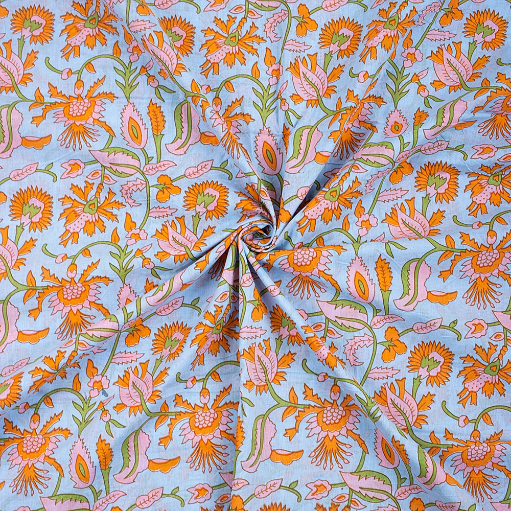 Organic Indian Hand Block Floral Printed Cotton Fabric By Yard - Image 4
