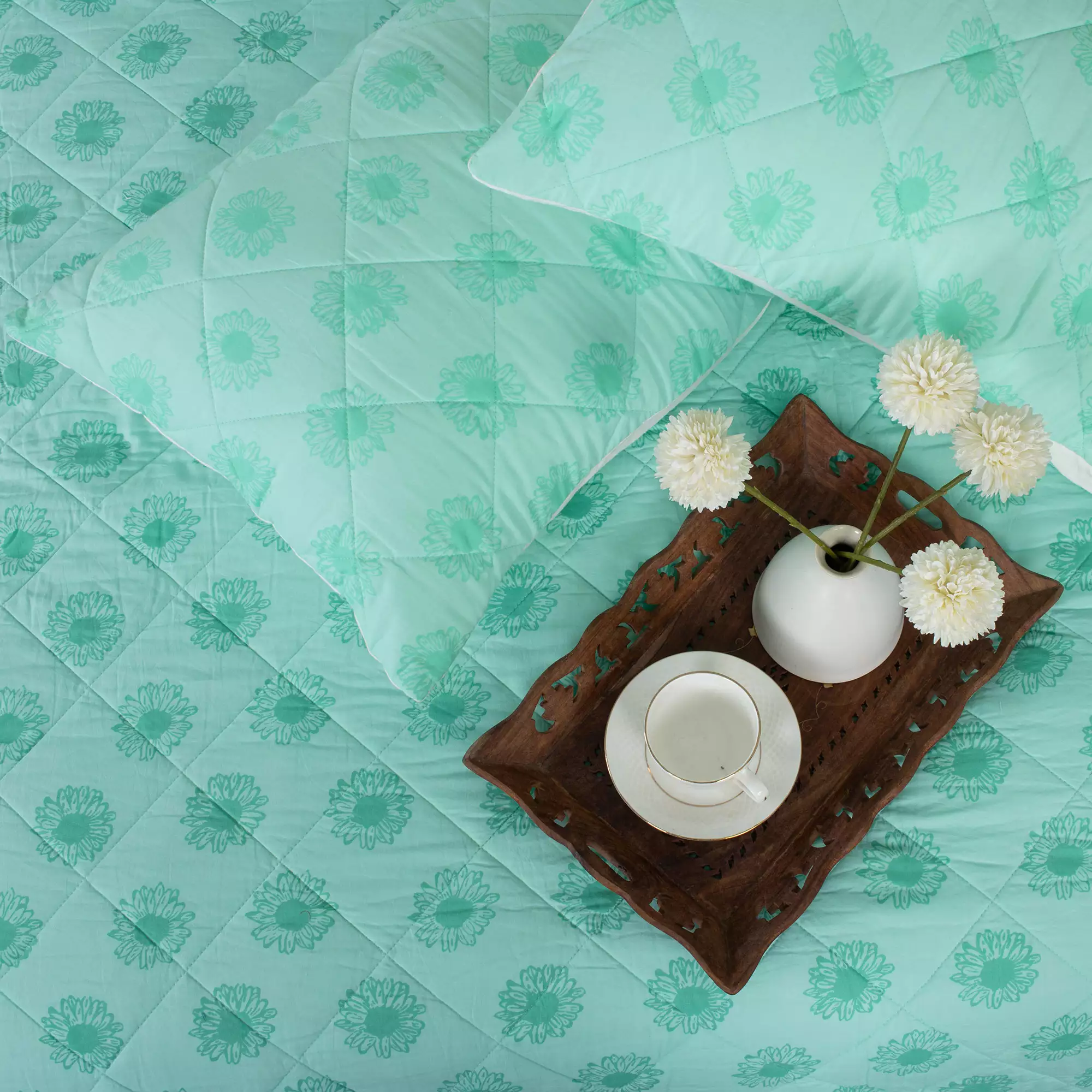 Indian Green Floral Block Printed Cotton Reversible Machine Quilt - Image 2