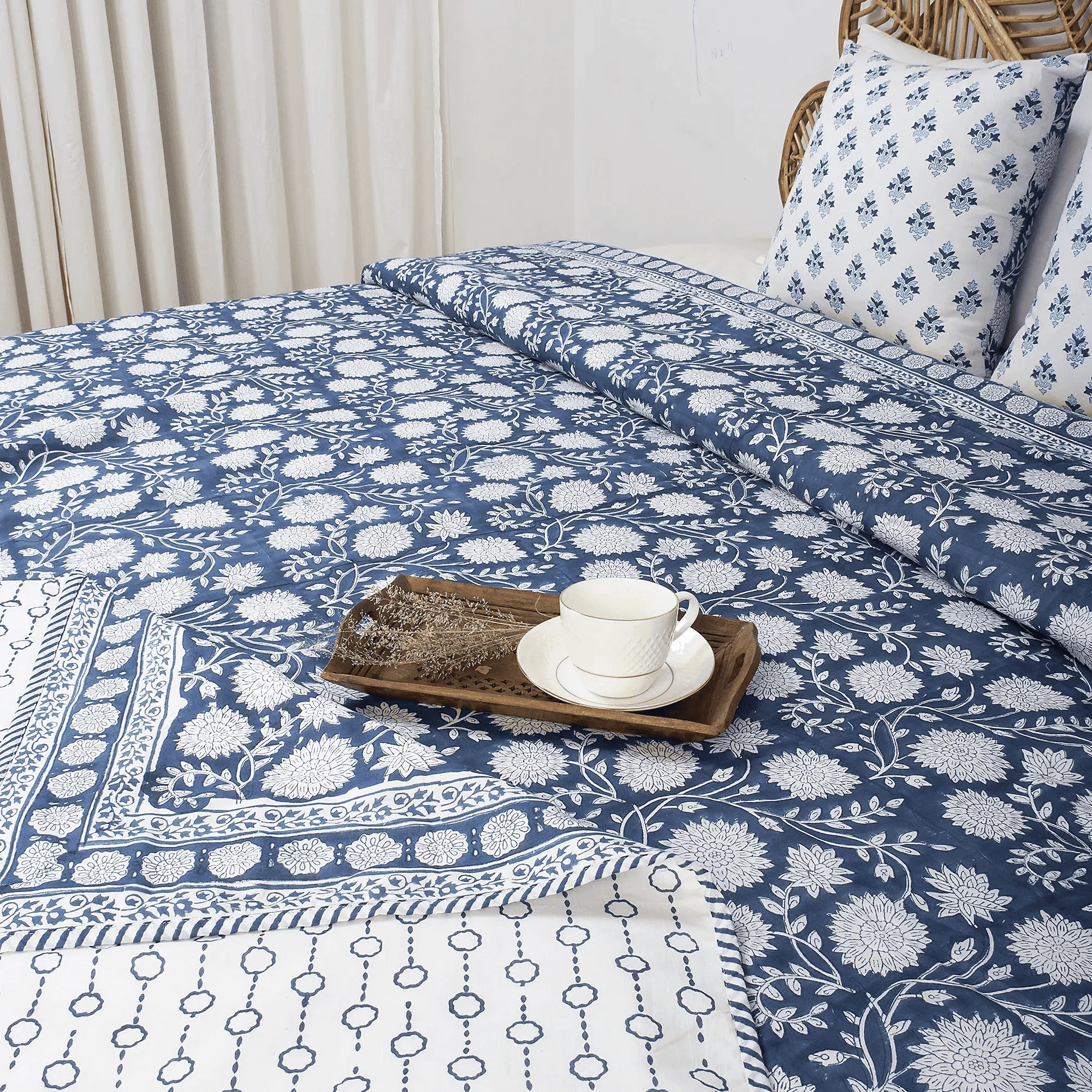 Indian Blue Floral Hand Block Printed Reversible Dohar Blankets - Image 3