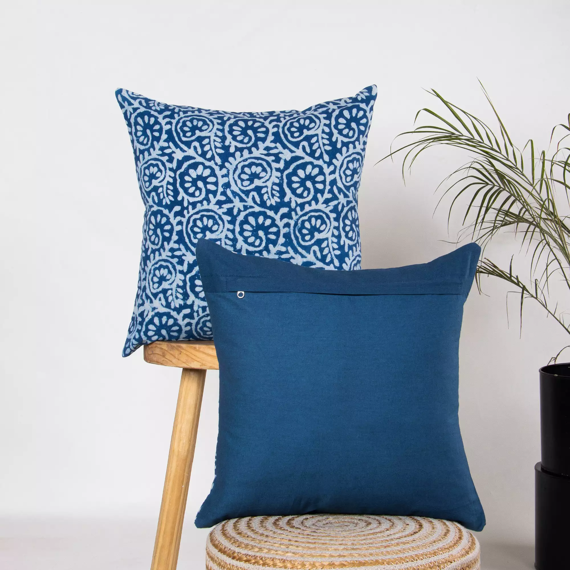 Hand Block Printed Blue Cushion Cover for Sofa - Image 2
