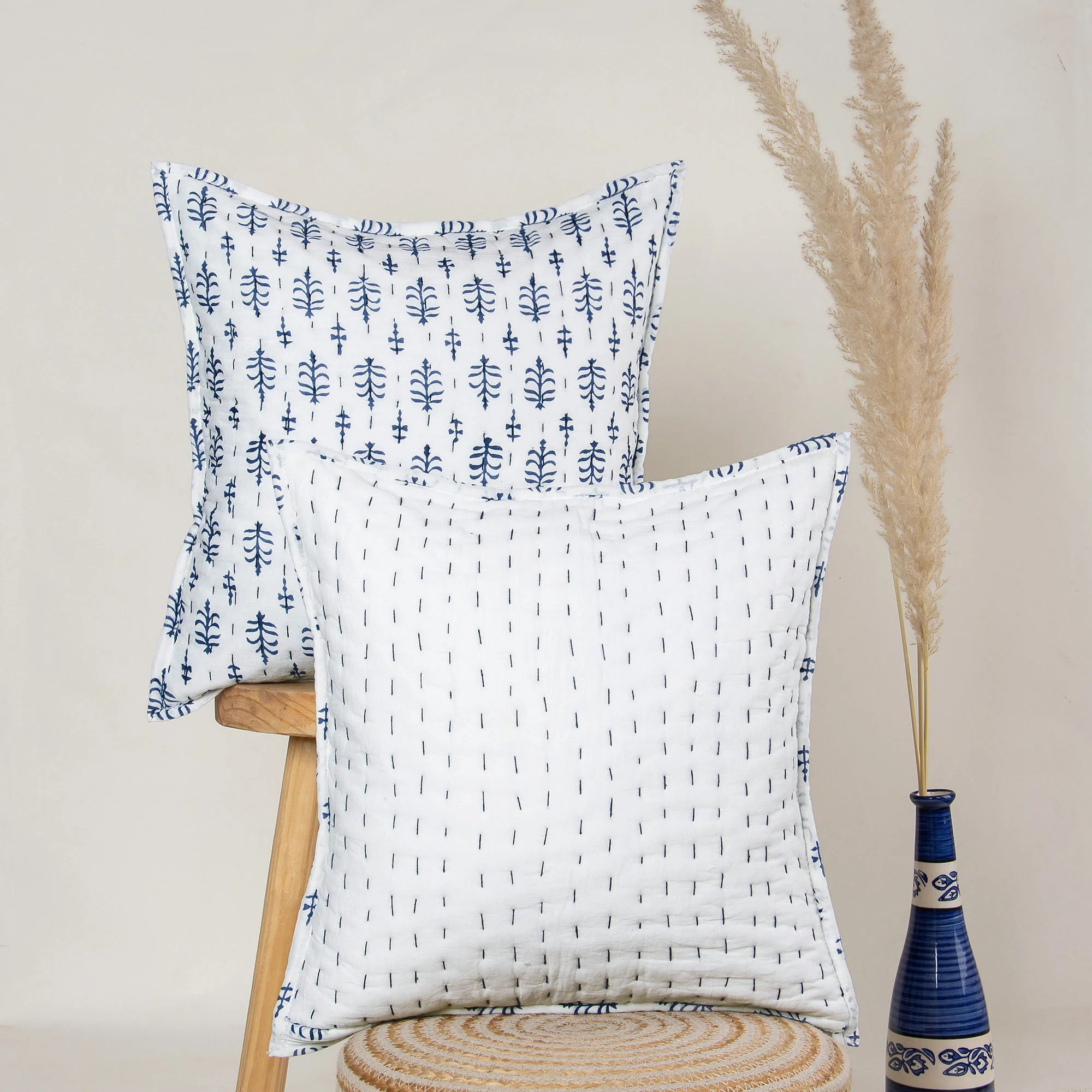 Hand Block Printed Booti Hand Quilted Cotton Cushion Cover - Image 3