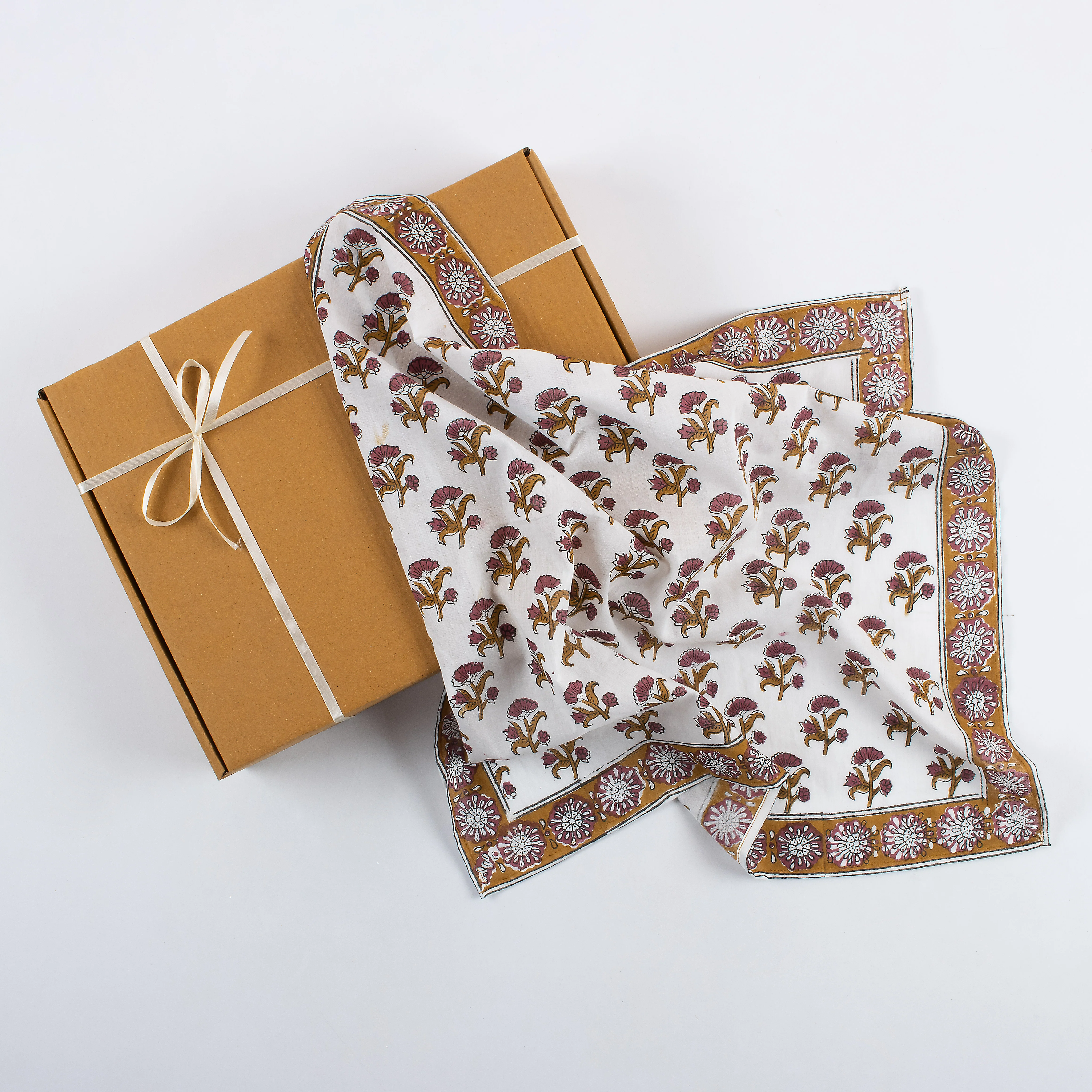 Brown Floral Hand Block Printed Cotton Head Bandanas For Men & Womens - Image 5