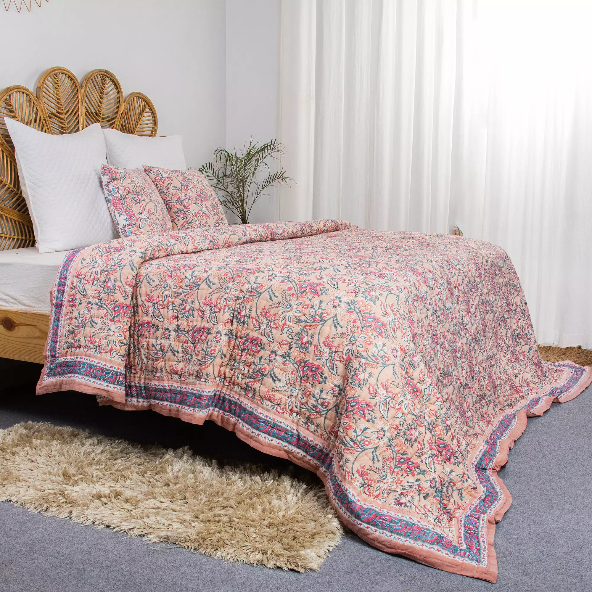 Floral Hand Block Printed Cotton Jaipuri Razai For AC Room, Winter