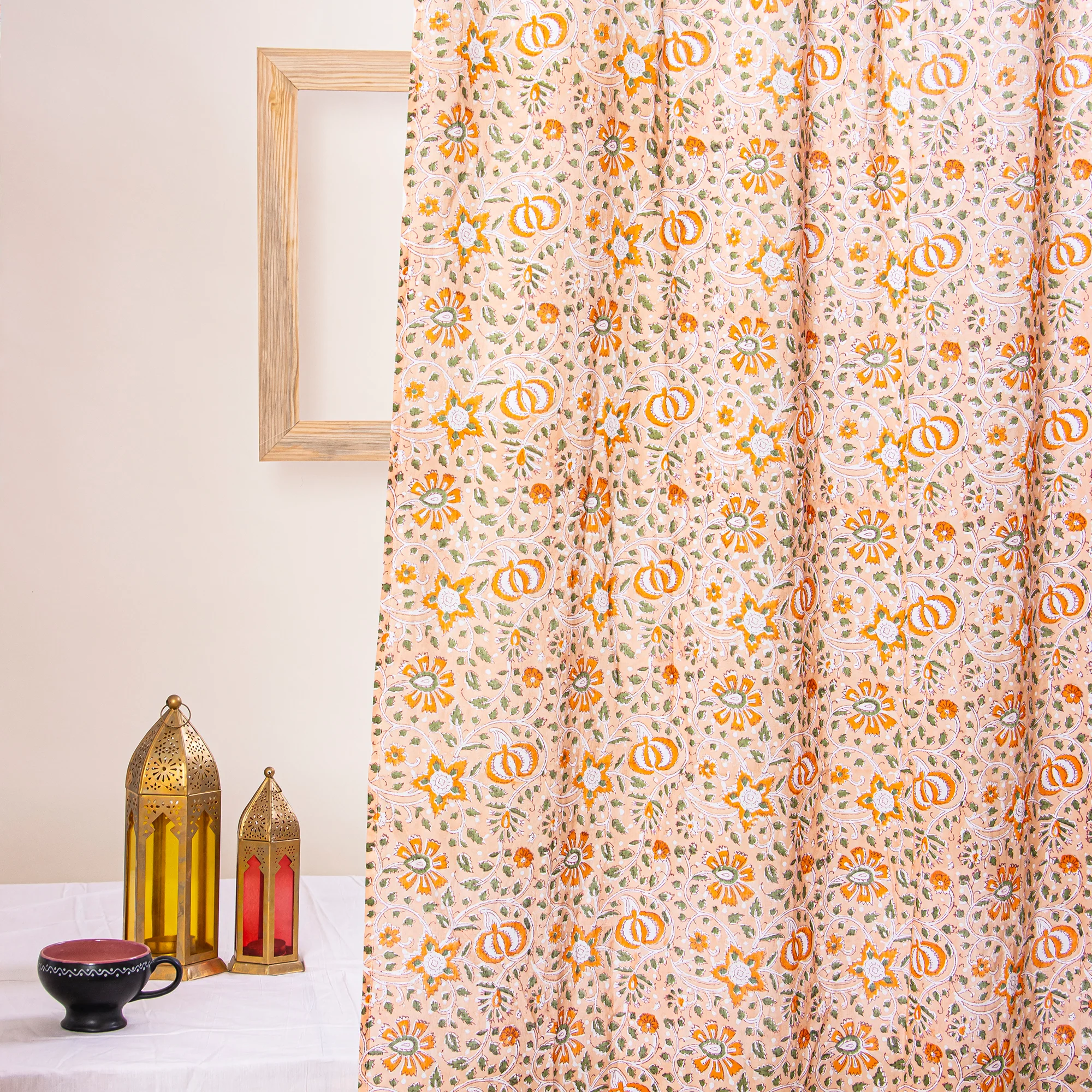 Light Weighted Hand Block Printed Floral Indian Cotton Curtains Set of 2 - Image 3