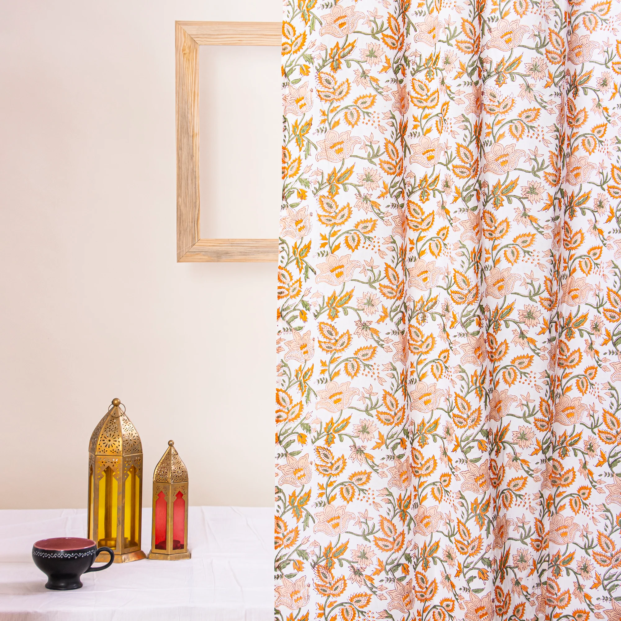 Light Weighted Hand Block Printed Floral Indian Cotton Curtains Set of 2 - Image 4