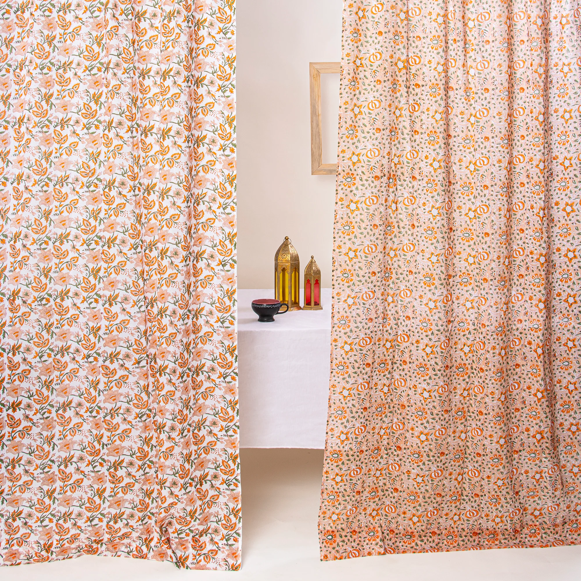 Light Weighted Hand Block Printed Floral Indian Cotton Curtains Set of 2 - Image 5