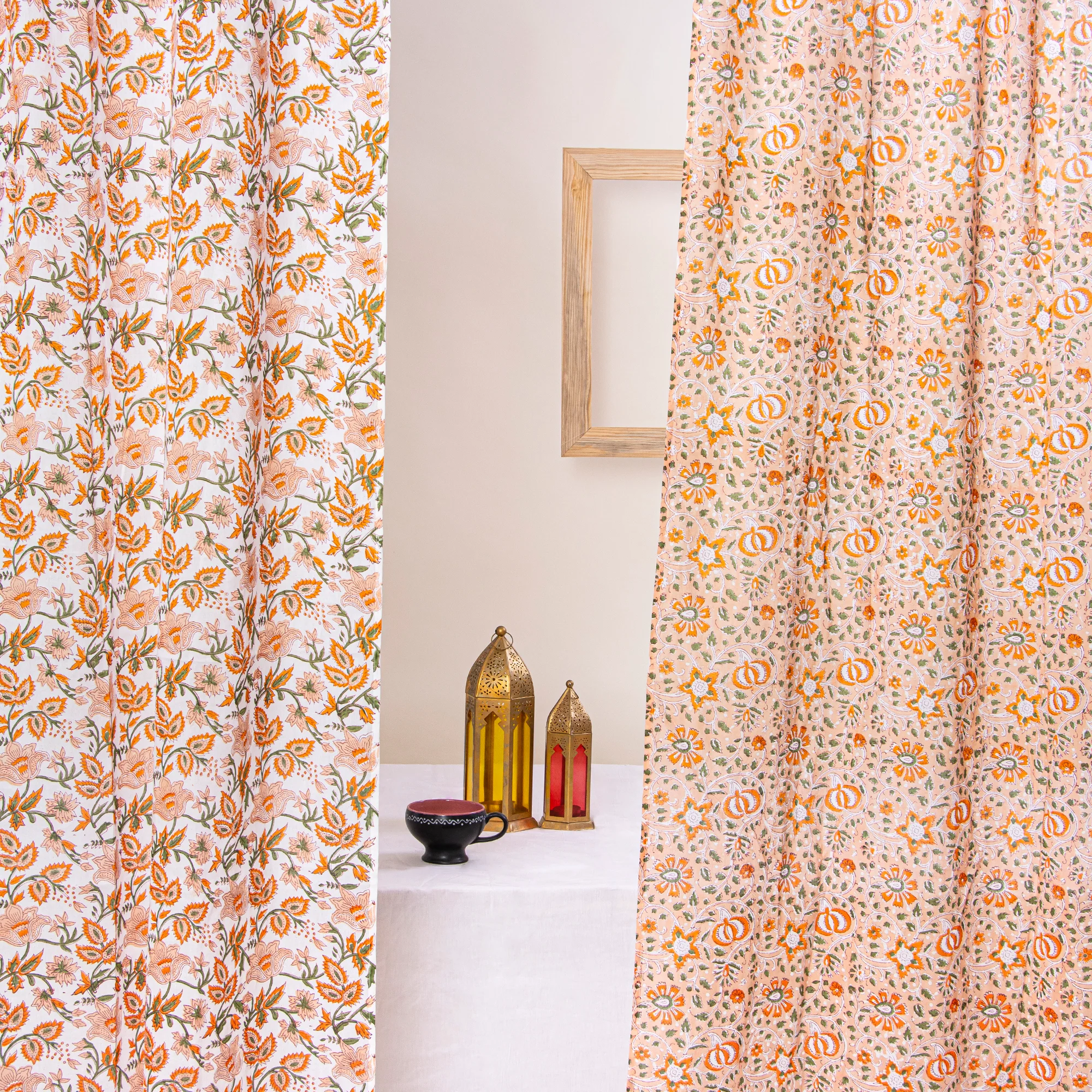 Light Weighted Hand Block Printed Floral Indian Cotton Curtains Set of 2 - Image 6