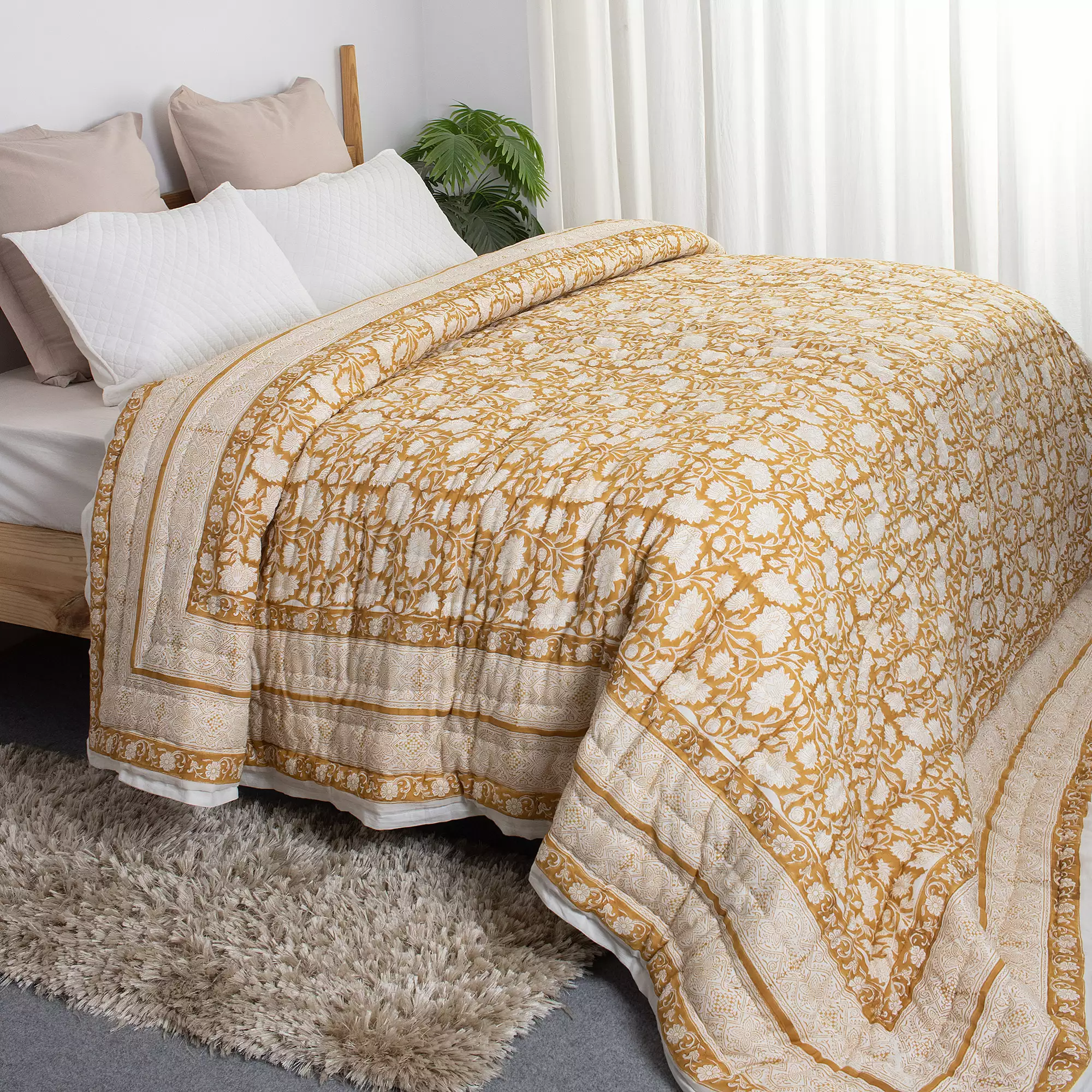 Hand Block Printed Floral Reversible Jaipuri Razai / Quilts for Winter