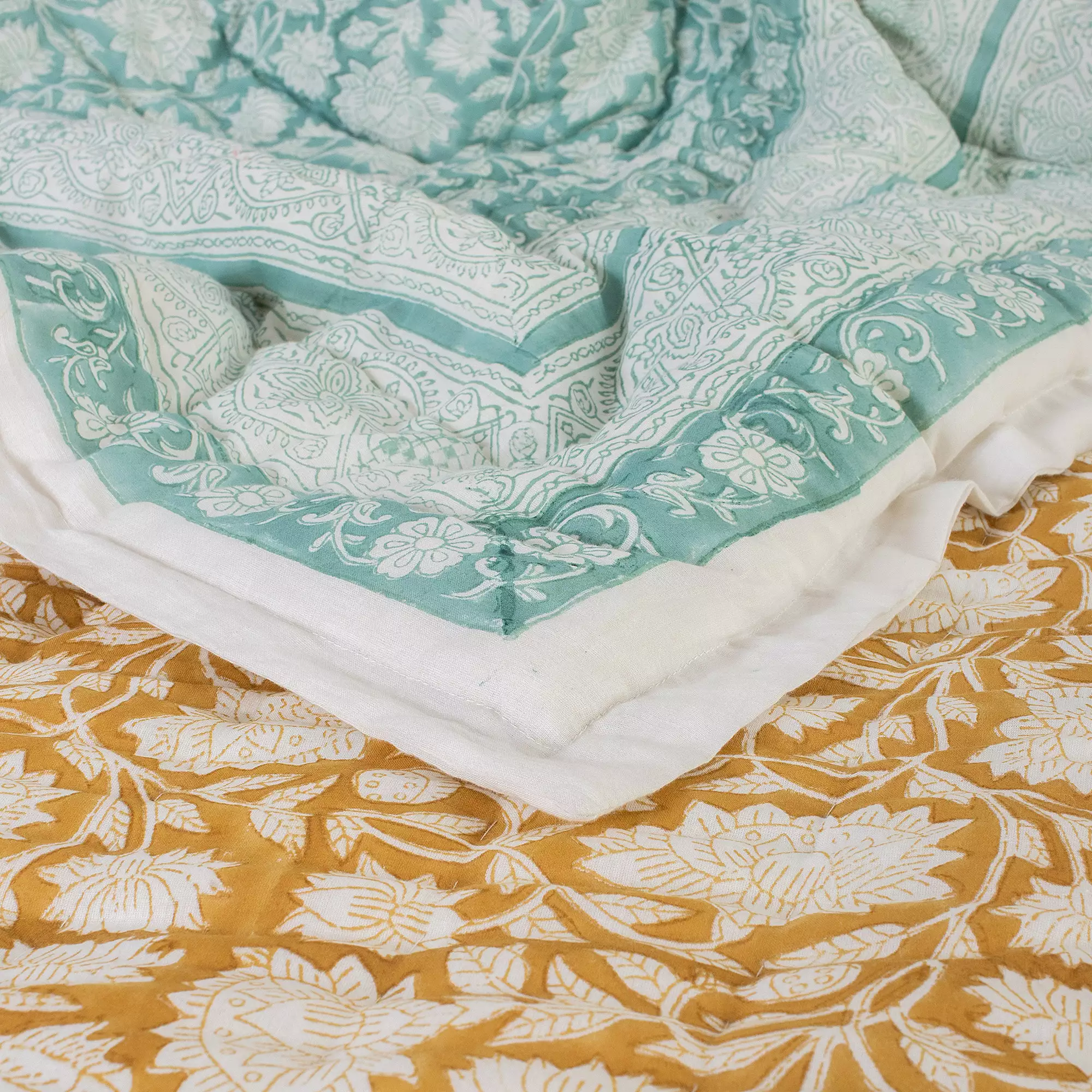 Hand Block Printed Floral Reversible Jaipuri Razai / Quilts for Winter - Image 3