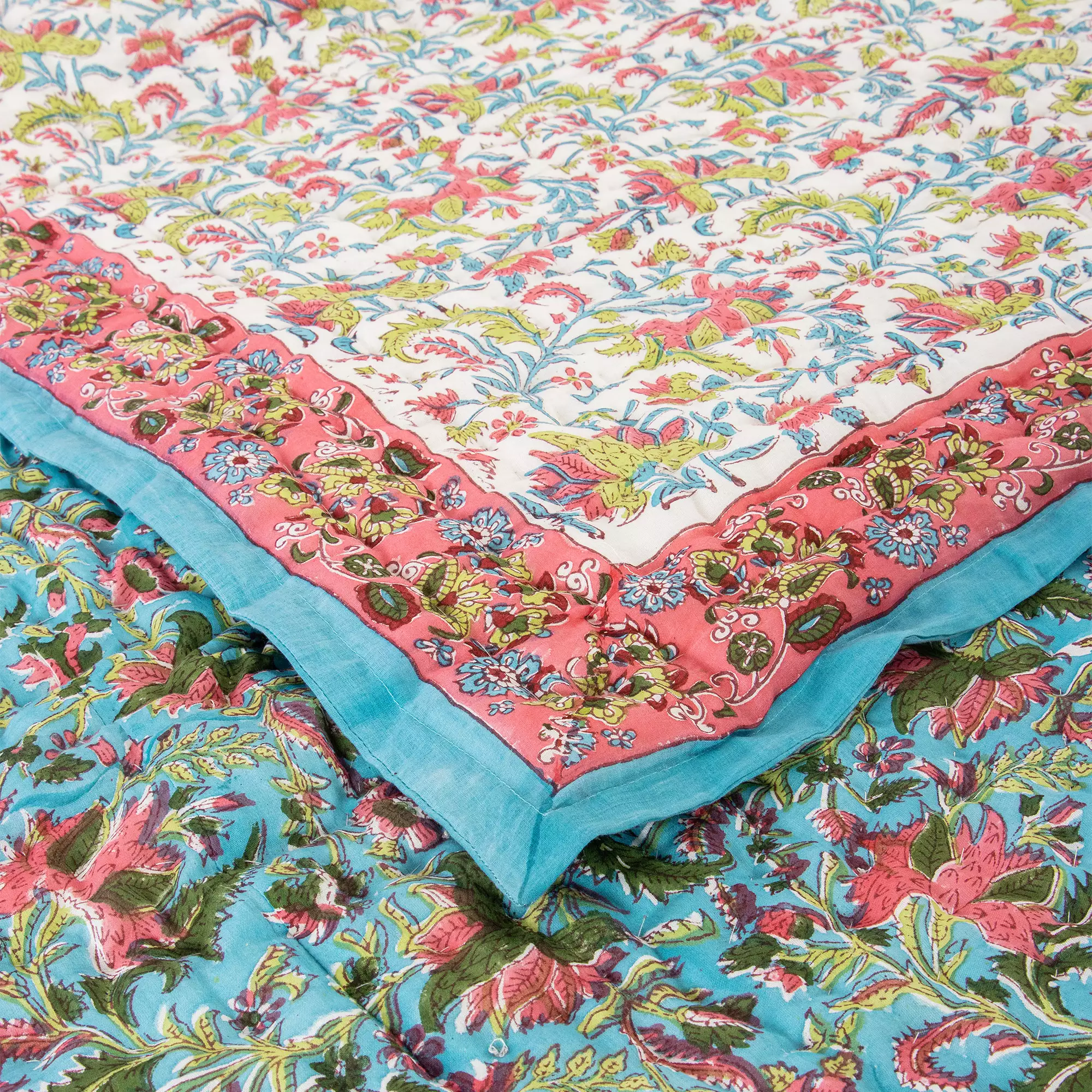 Hand Block Printed Green Floral Jaipuri Reversible Quilt - Image 5