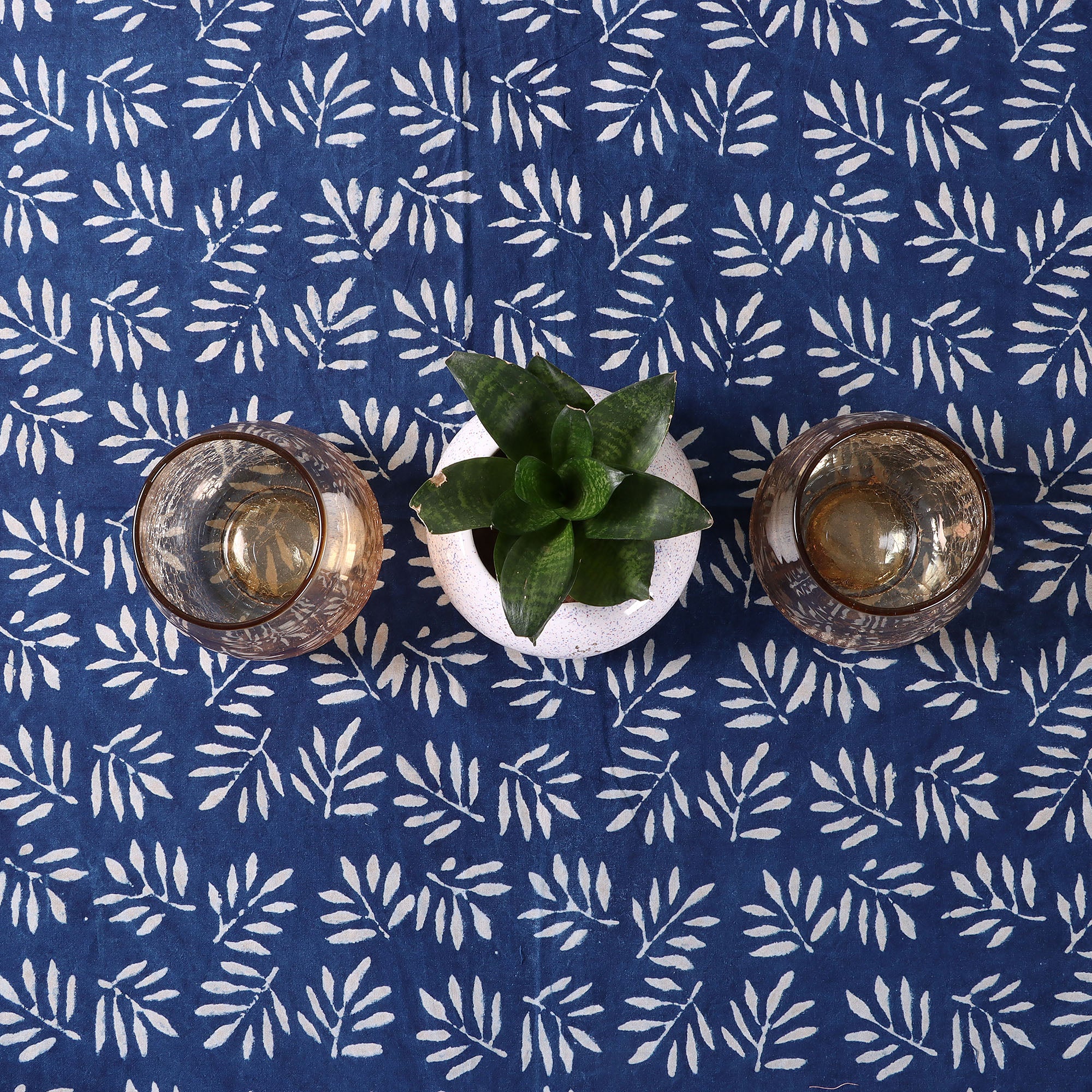 Hand Block Printed Indigo Leaf Cotton Tablecloth - Image 2