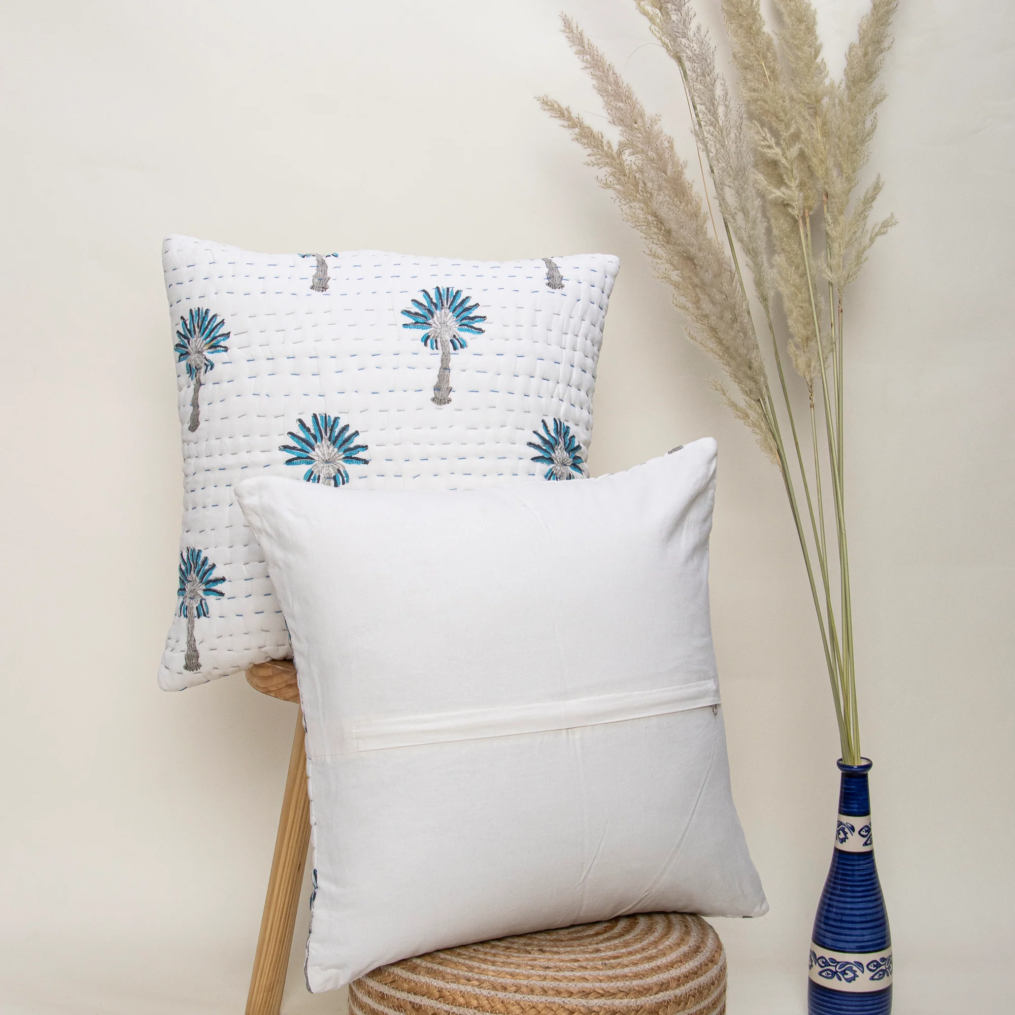 Hand Block Printed Palm Tree Kantha Cotton Cushion Covers - Image 3