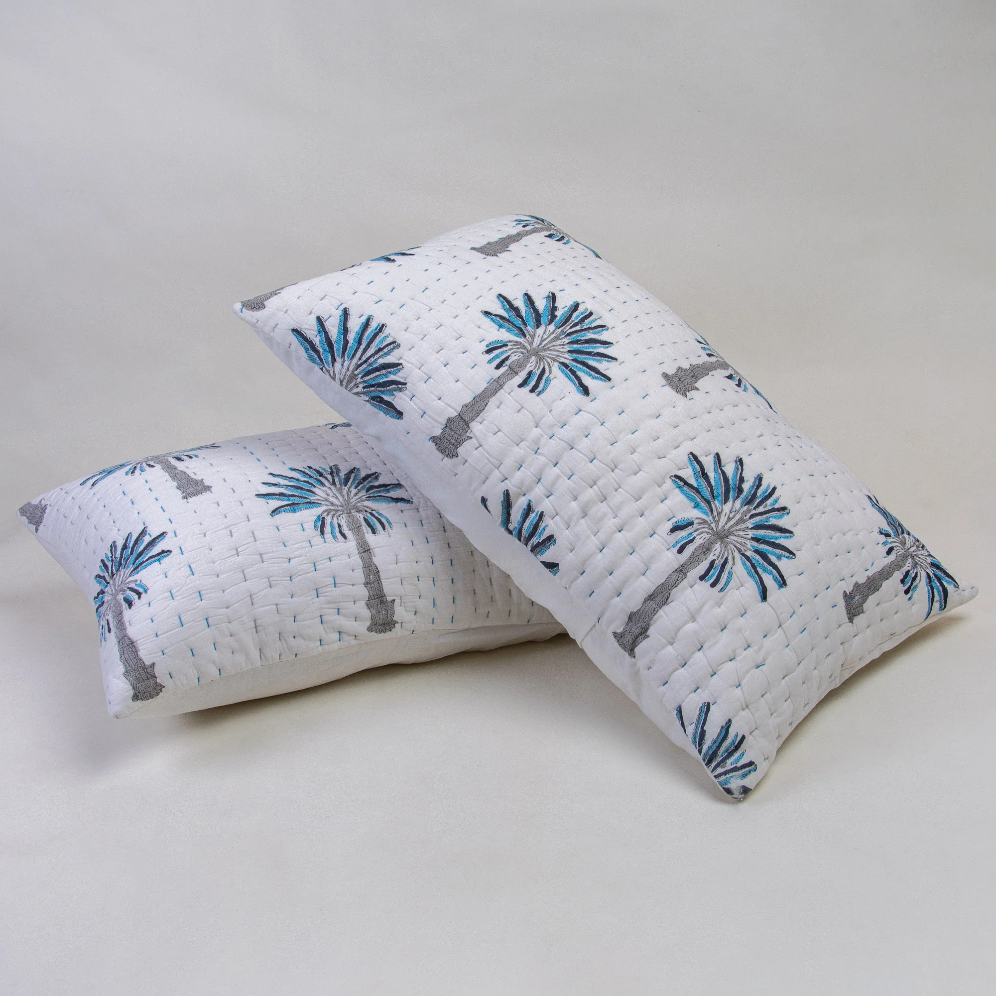 Hand Block Printed Palm Tree Kantha Cotton Cushion Covers - Image 6