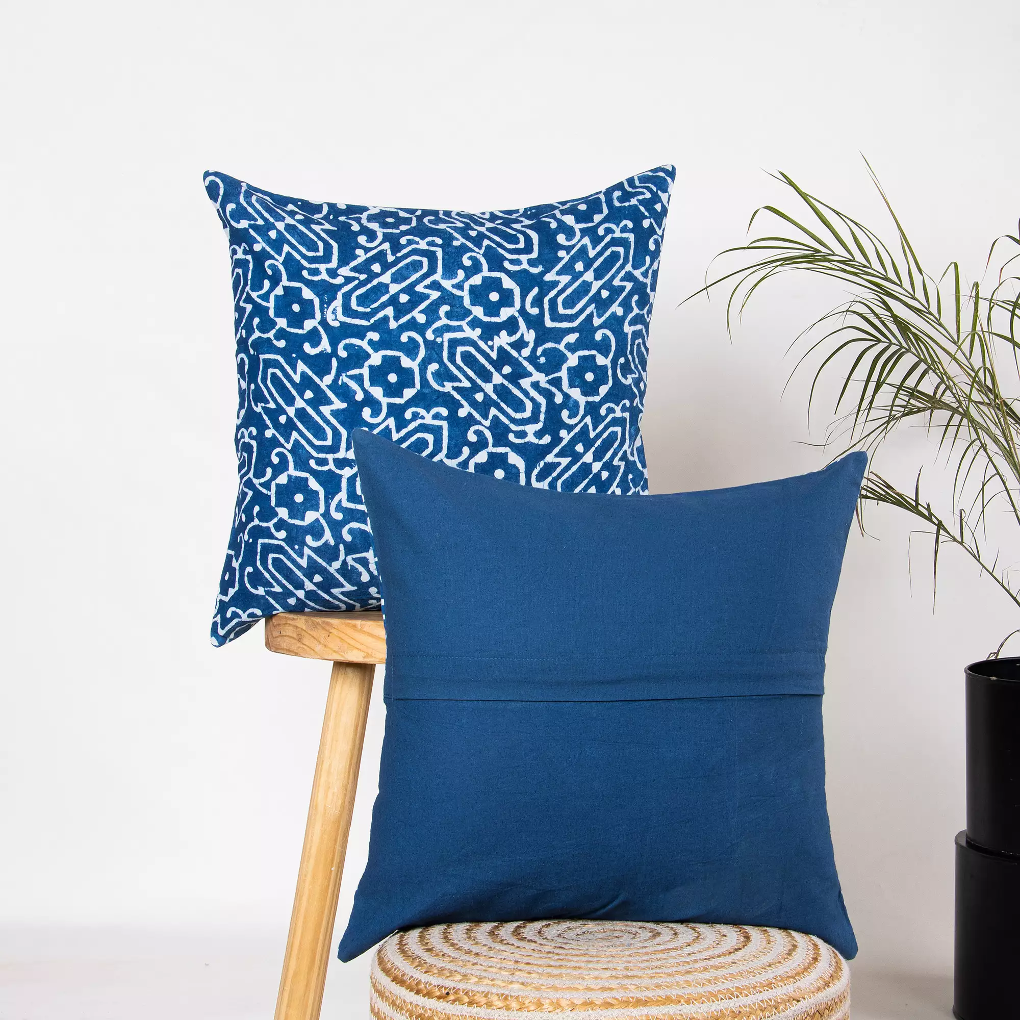 Hand Block Printed Pure Cotton Indigo Blue Cushion Cover - Image 3