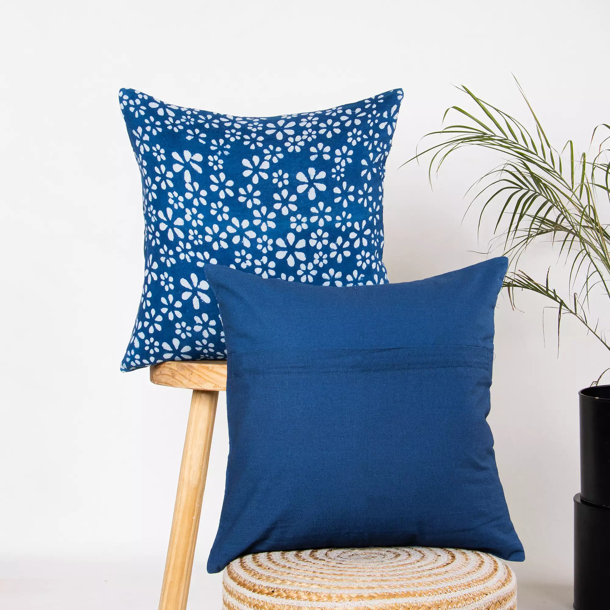 Hand Block Printed Pure Cotton Indigo Cushion Cover - Image 2