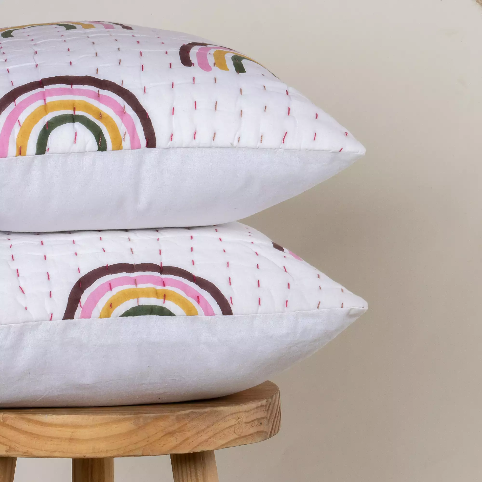 Hand Block Rainbow Quilted Kantha Cushion Covers - Image 3
