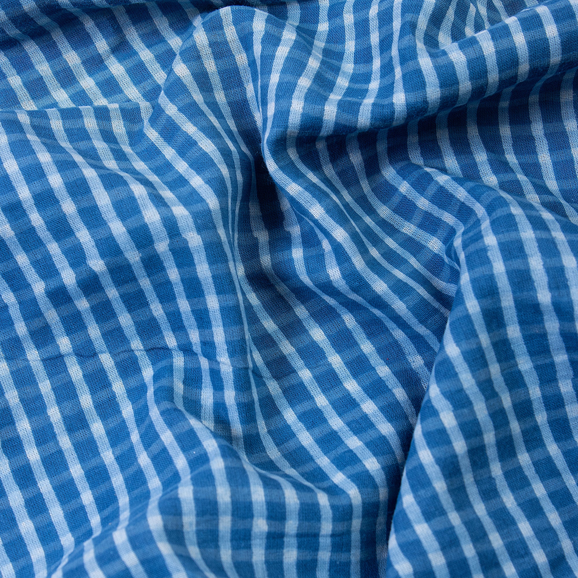 Indian Hand Printed Indigo Blue Checks Natural Dyed Cotton Fabric - Image 3