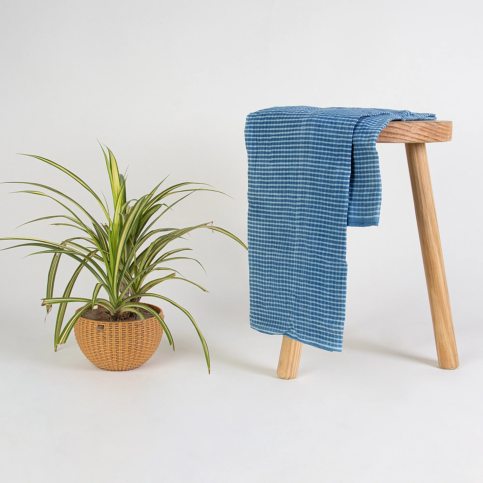 Indian Hand Printed Indigo Blue Checks Natural Dyed Cotton Fabric - Image 5