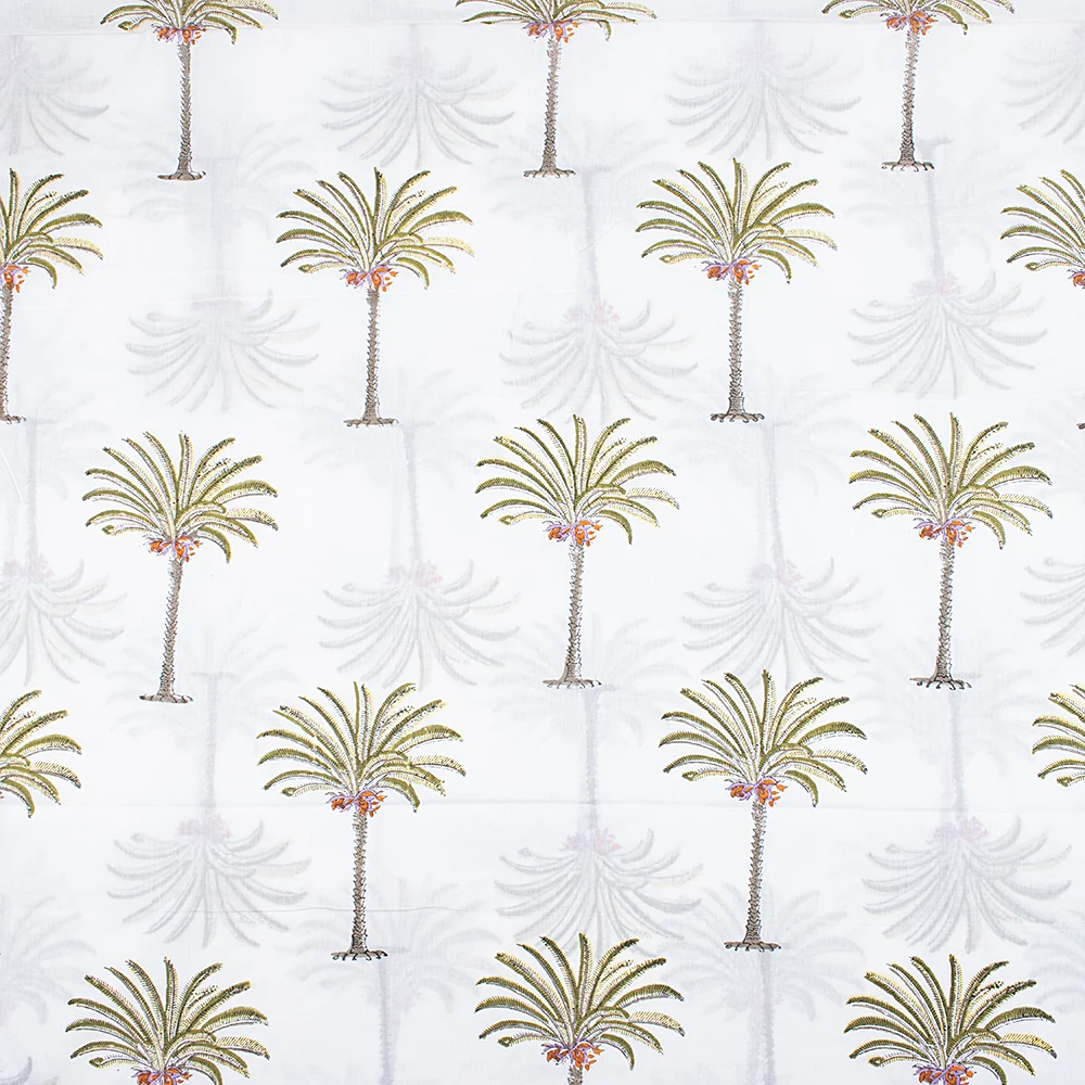 Natural Hand Block Printed Palm Tree Voile Cotton Fabric Cloth - Image 2