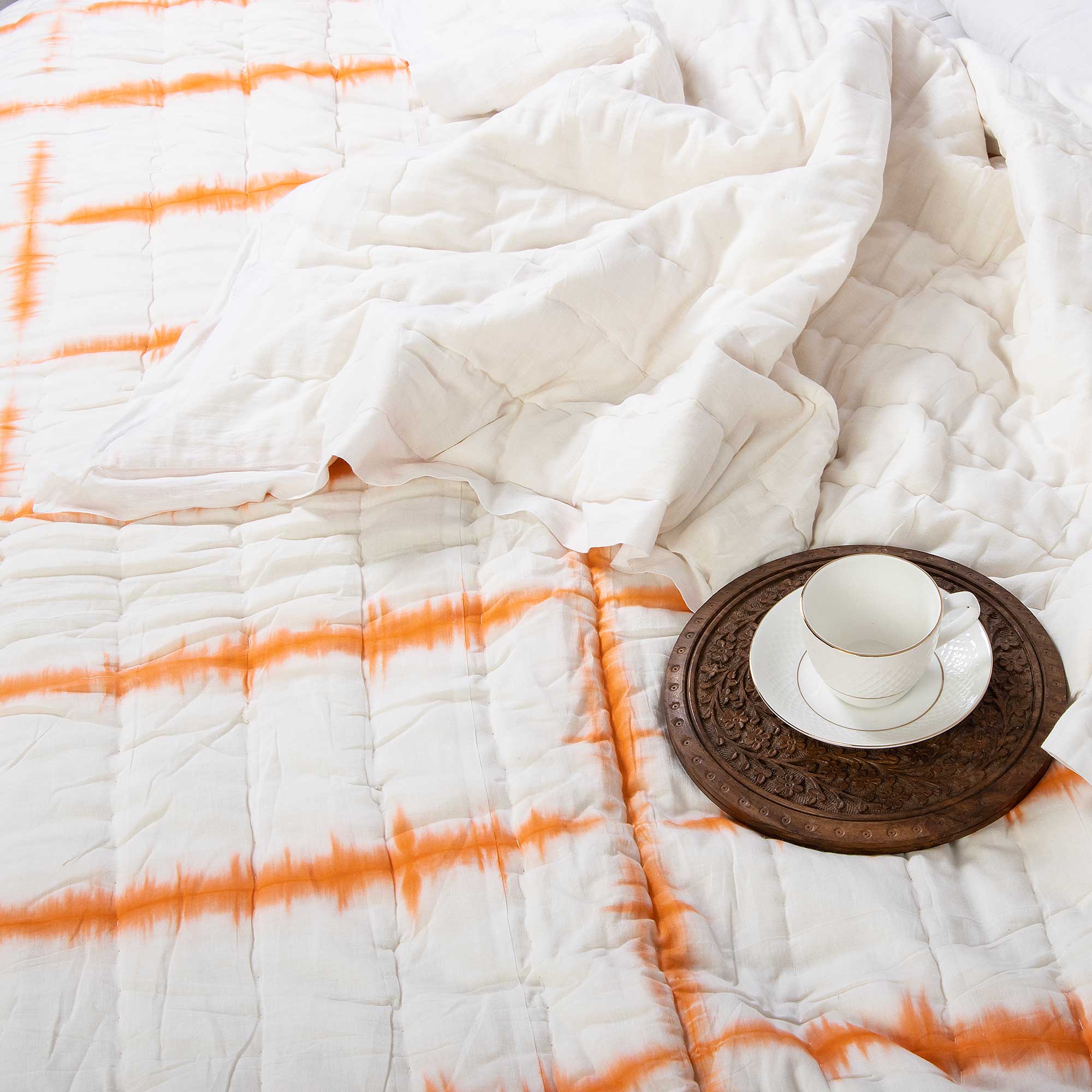 Hand Dyed Tie Dye Orange Striped Jaipuri Cotton Rajai - Image 3
