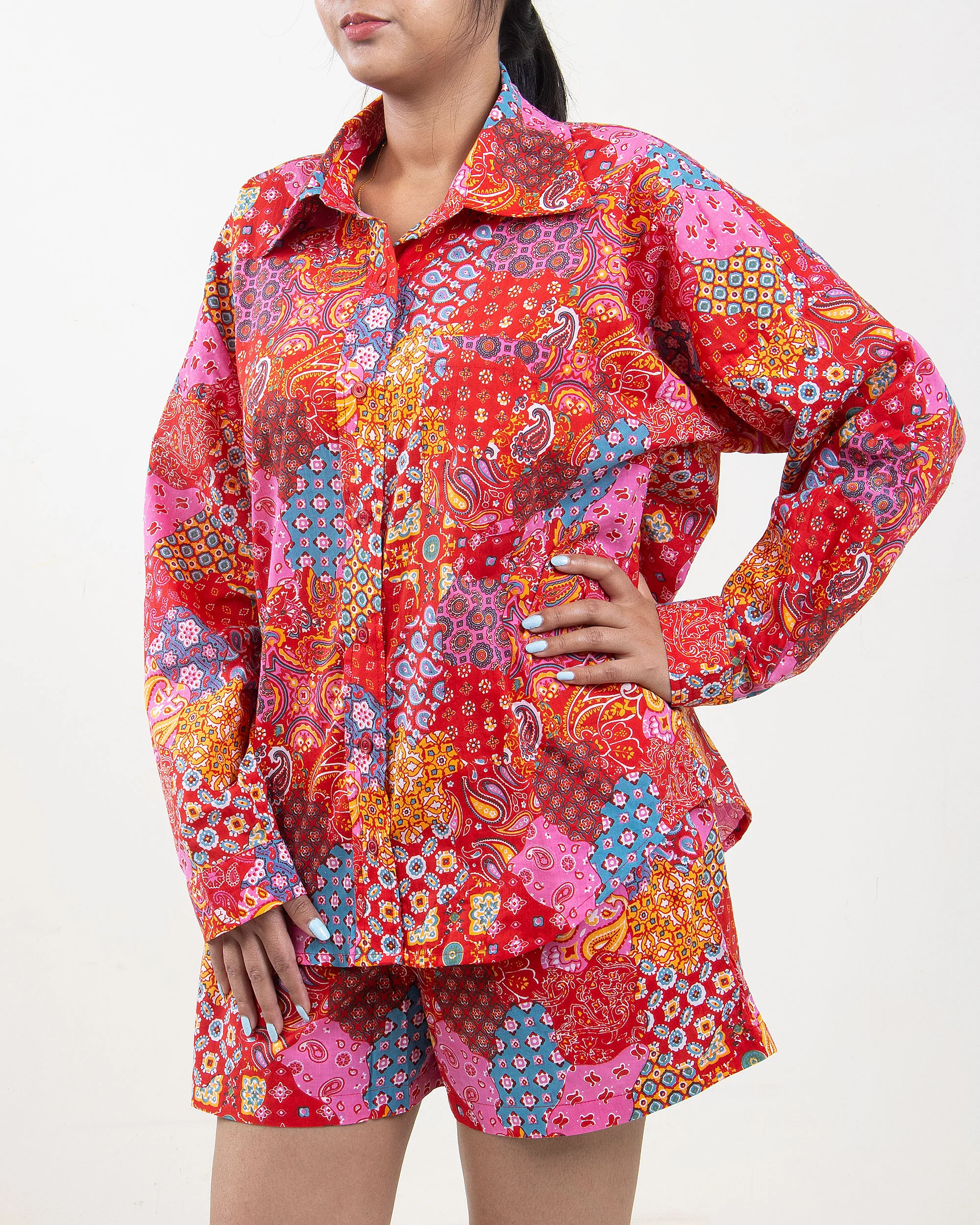 Multicolor Hand Printed Cotton Women's Co-Ord Set - Image 3