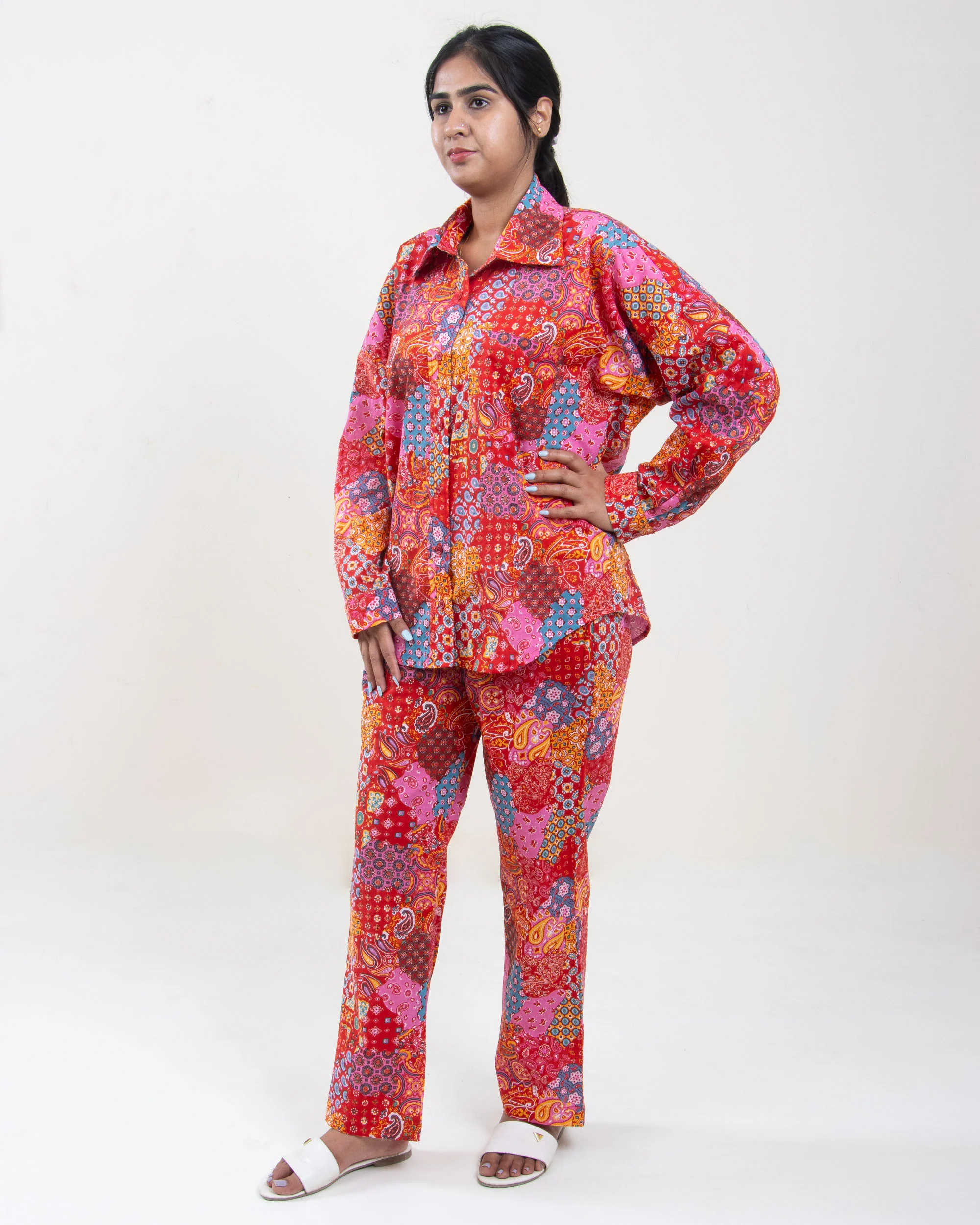 Multicolor Hand Printed Cotton Women's Co-Ord Set - Image 5