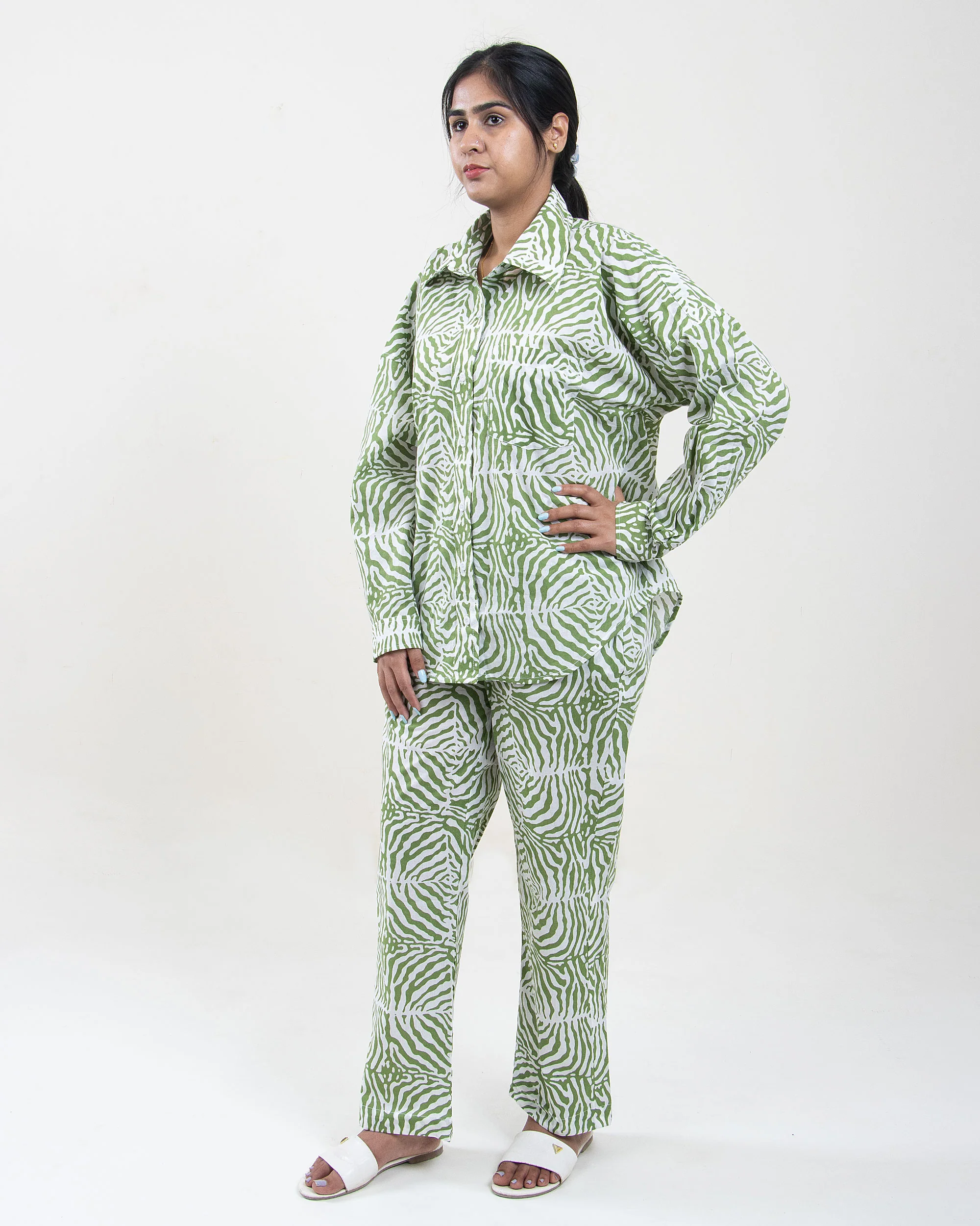 Hand Printed Green Light Cotton Cord Set for ladies - Image 5