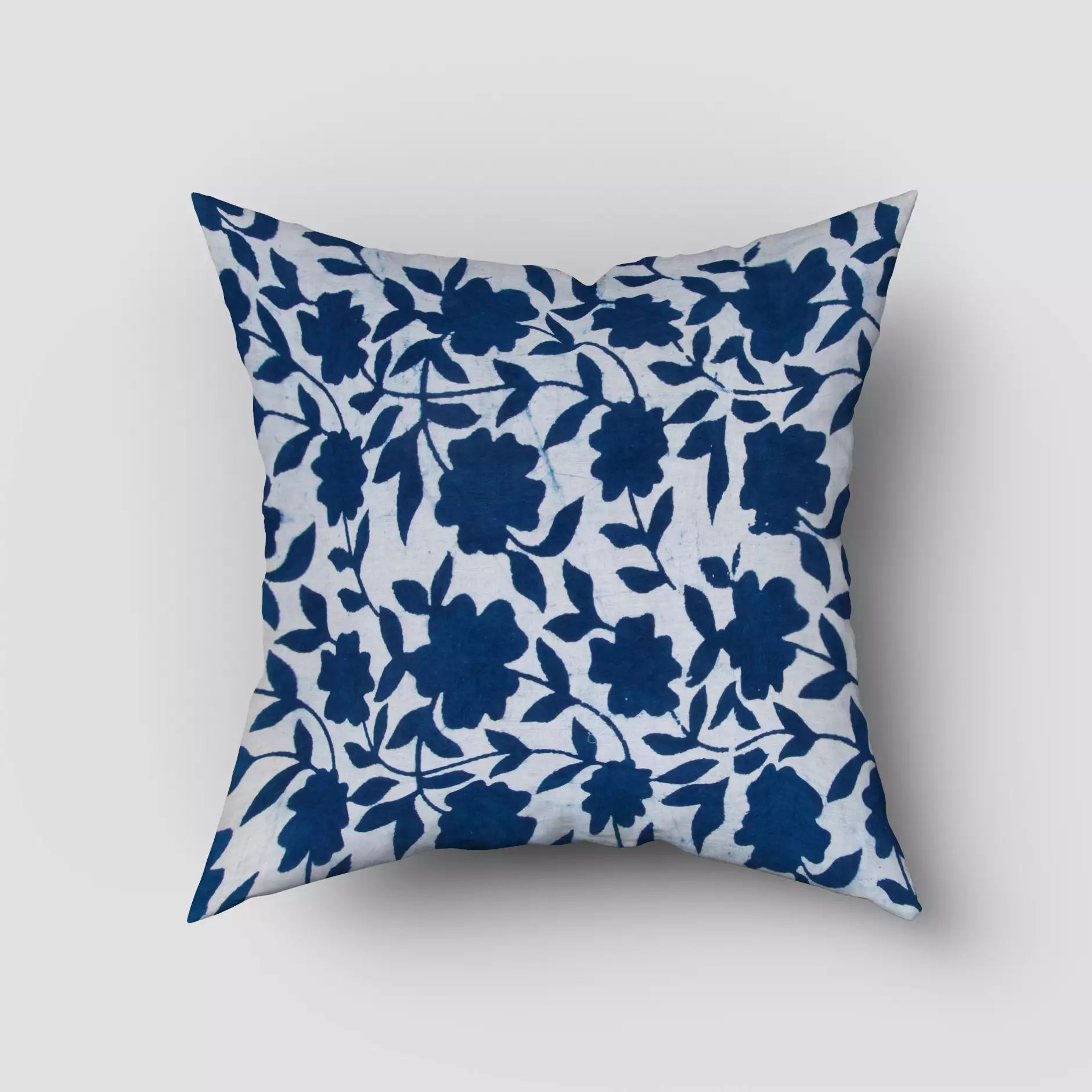 Hand Printed Indigo Blue Floral Cotton Cushion Cover