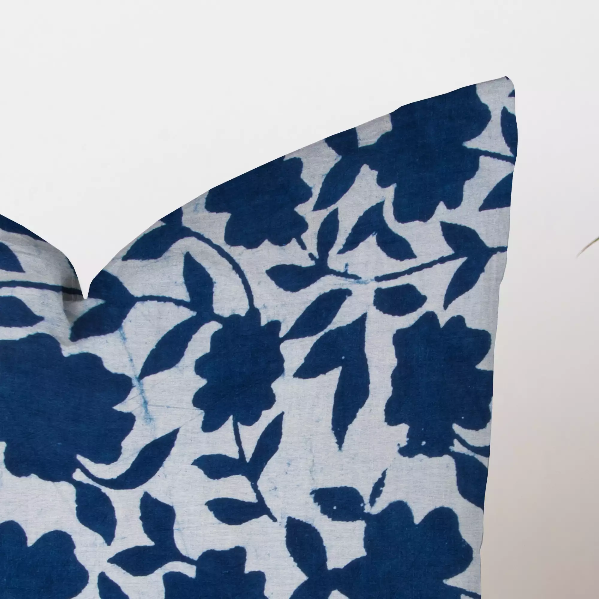 Hand Printed Indigo Blue Floral Cotton Cushion Cover - Image 3