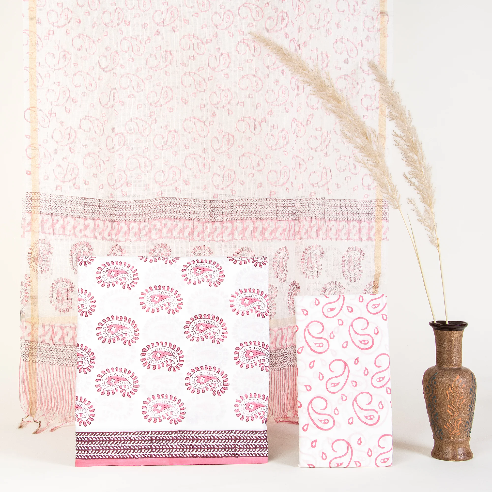 Blush Paisley Hand Block Printed Unstitched Salwar Suit with Dupatta