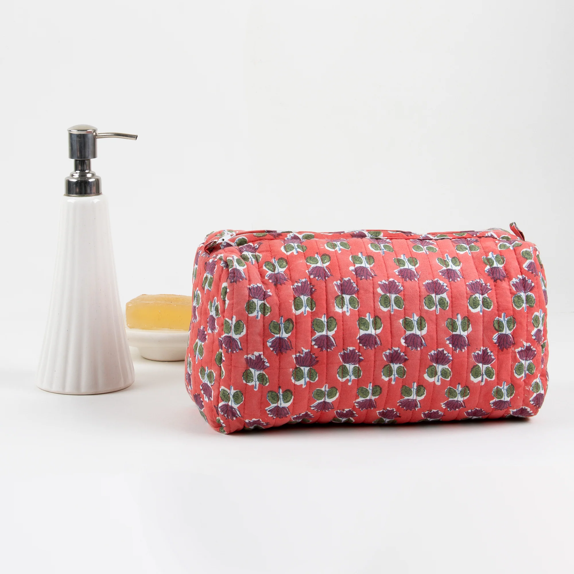 Handmade Block Print Floral Cotton Toiletry Cosmetics Bag Set of 3 - Image 2