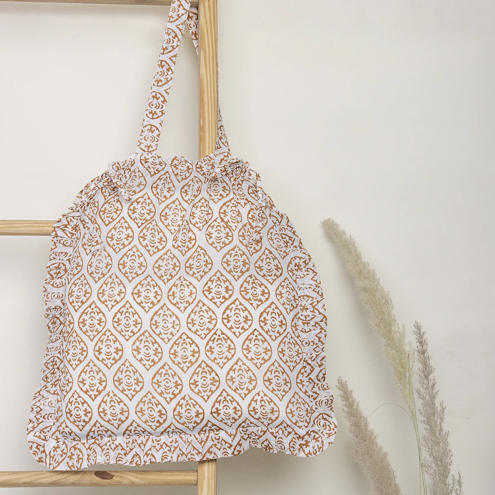Brown Leaf Pure Cotton Block Printed Indian Women's Tote Bags - Image 4