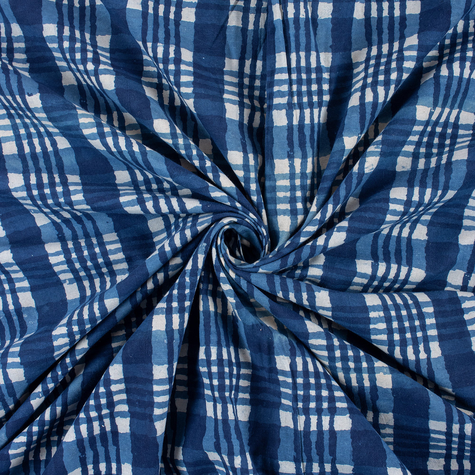 Handmade Indigo Blue Check Printed Cotton Fabric - Image 5